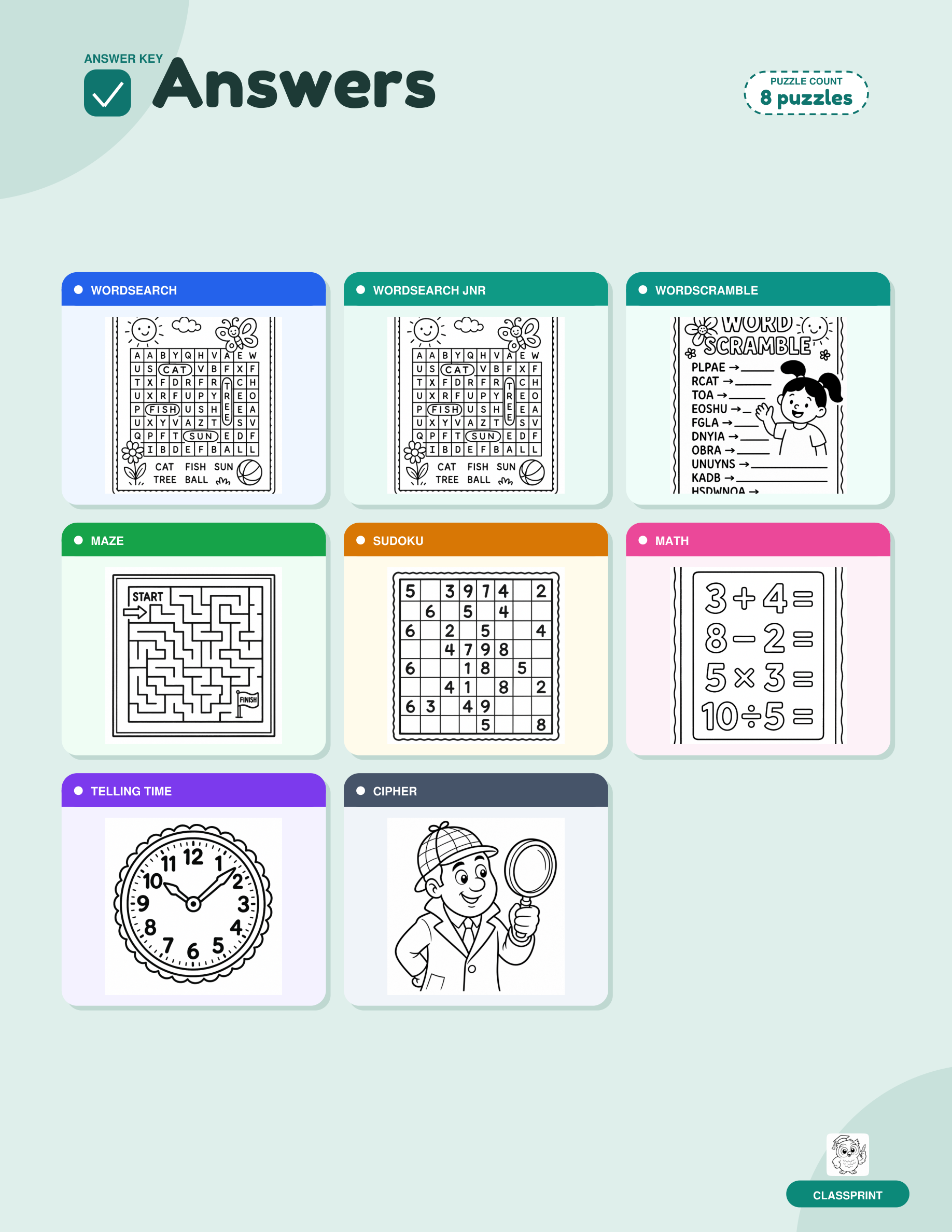 Activity book answer key section cover page, included free with every ClassPrint activity book combining every puzzle's solutions in one place