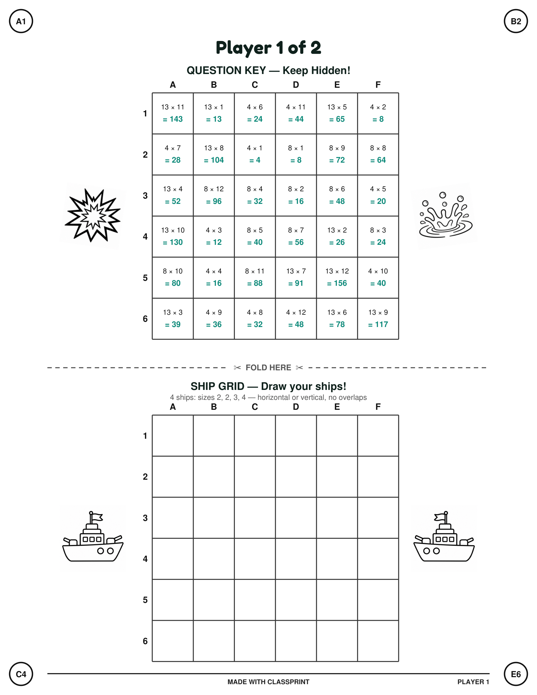 A Battleship Math player page showing a hidden times-tables Question Key grid and a blank Ship Grid, included free with every ClassPrint Battleship Math game