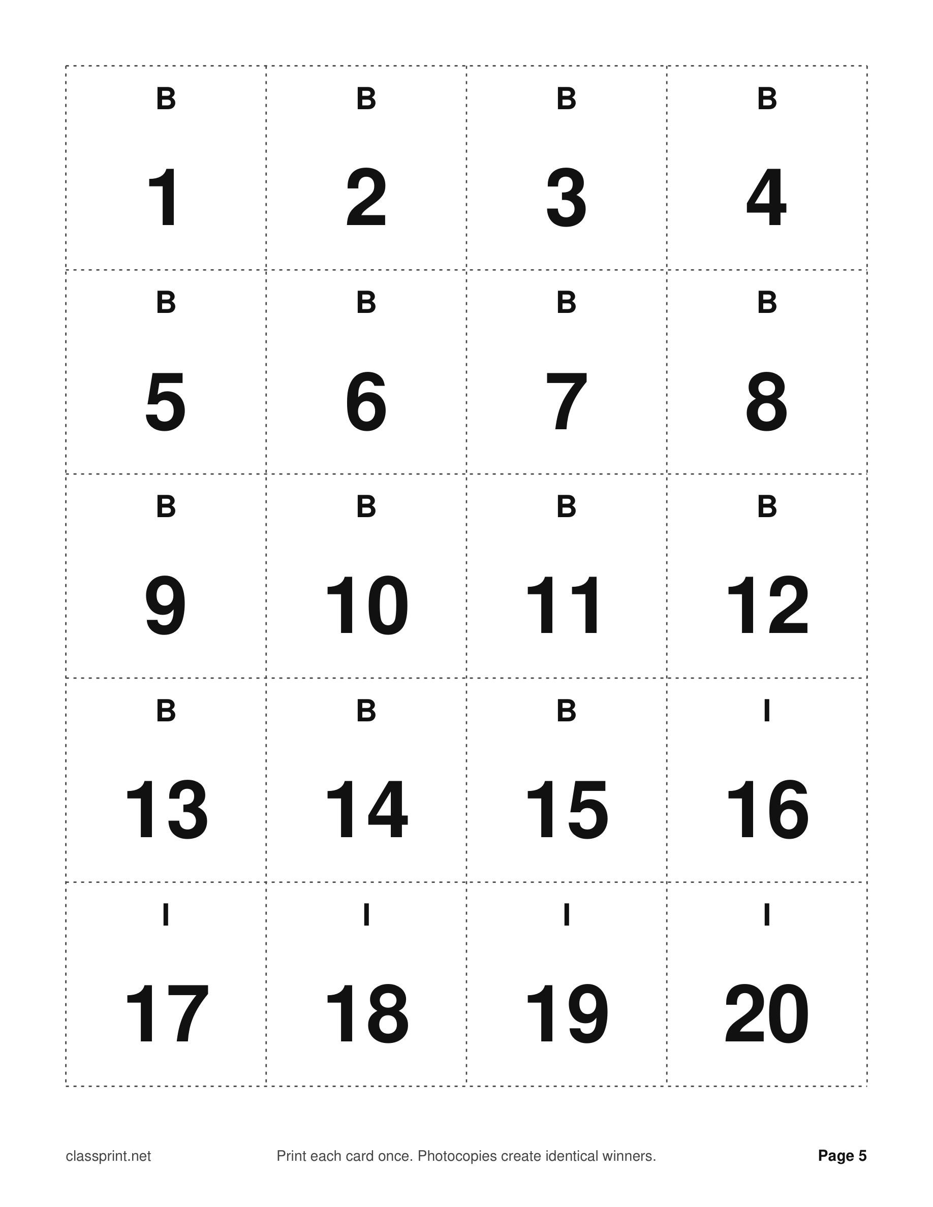 Bingo call-out slips with dotted cut lines, one slip for each number from 1 to 75