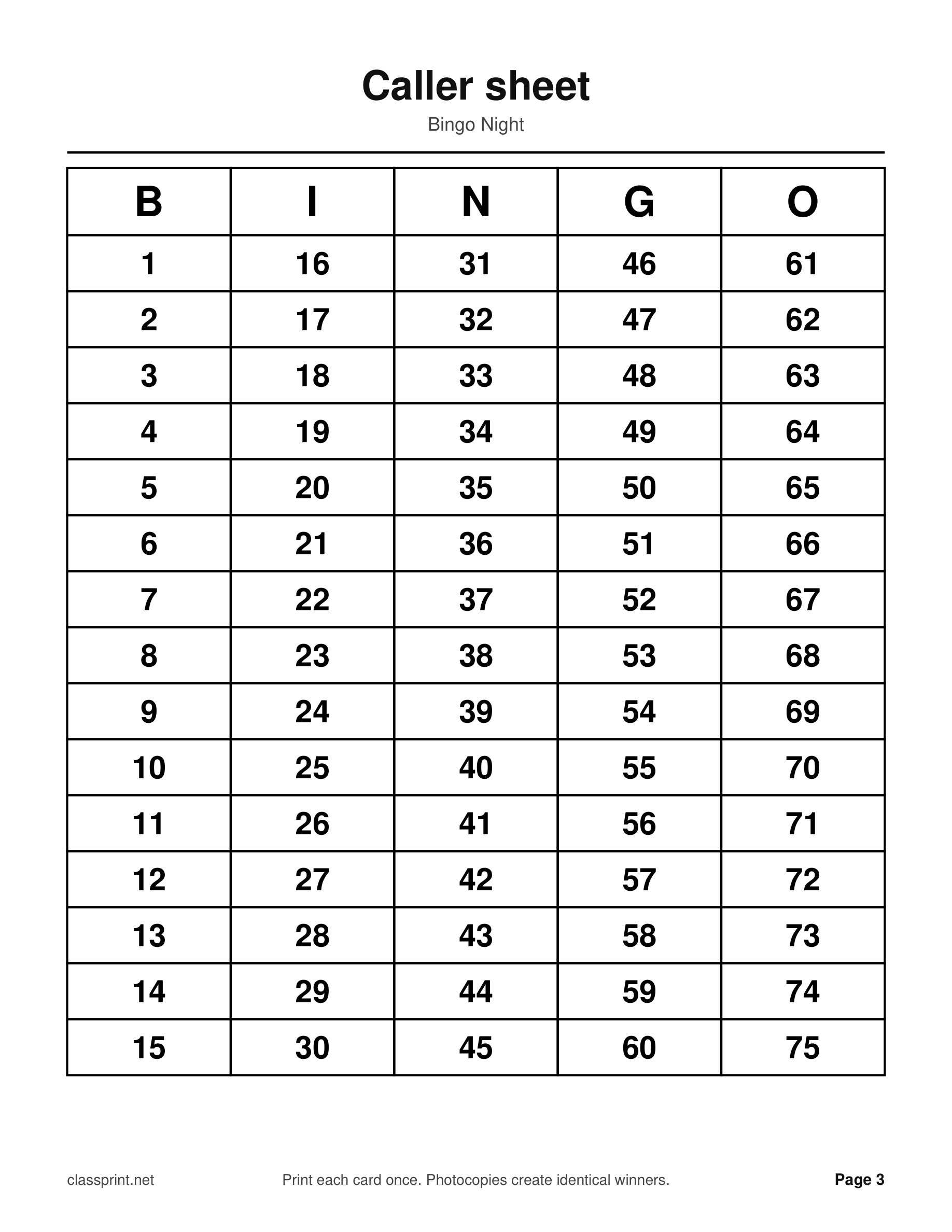 Bingo caller sheet showing all numbers 1 to 75 in B-I-N-G-O columns, included free with every ClassPrint bingo set