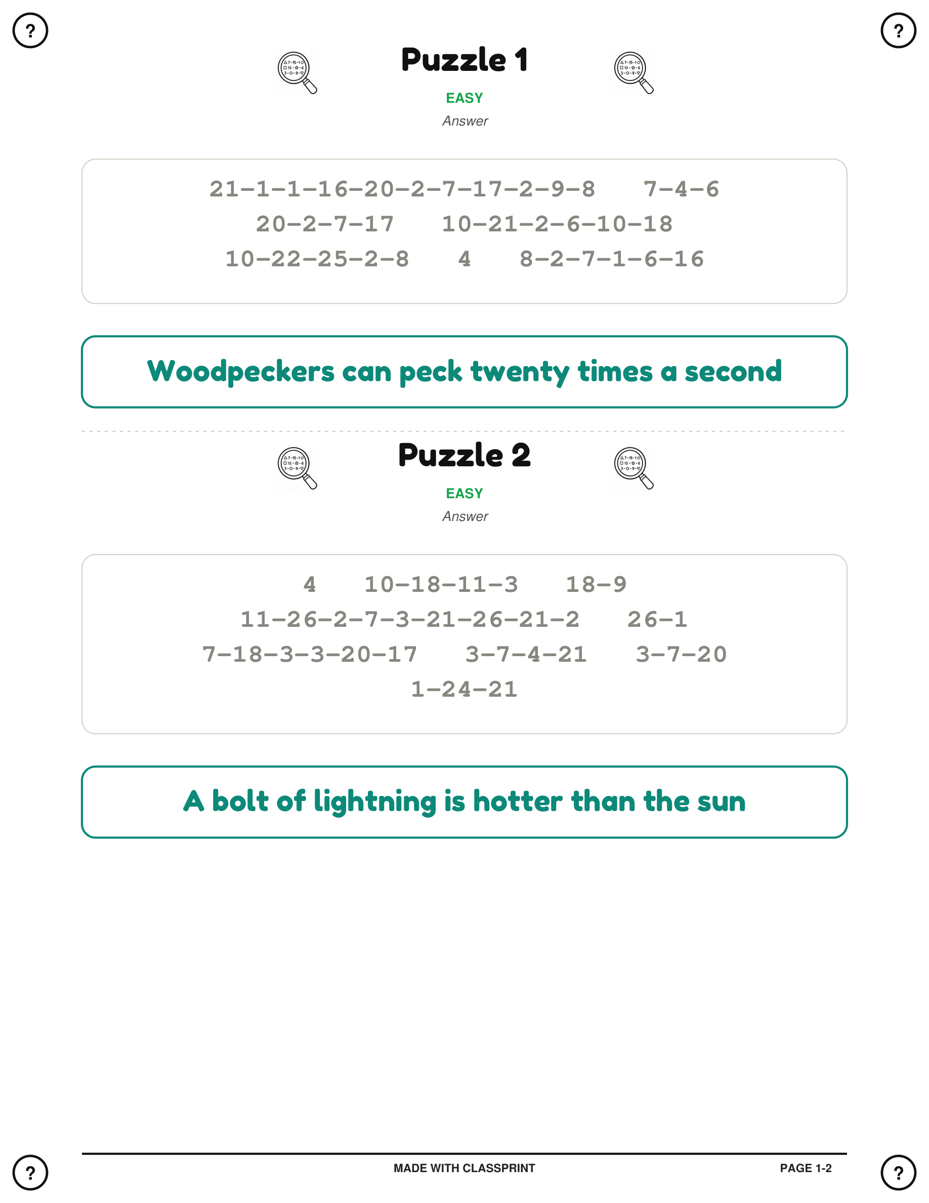 Code breaker answer key page showing the cracked message for every cryptogram puzzle, included free with every ClassPrint code breaker pack