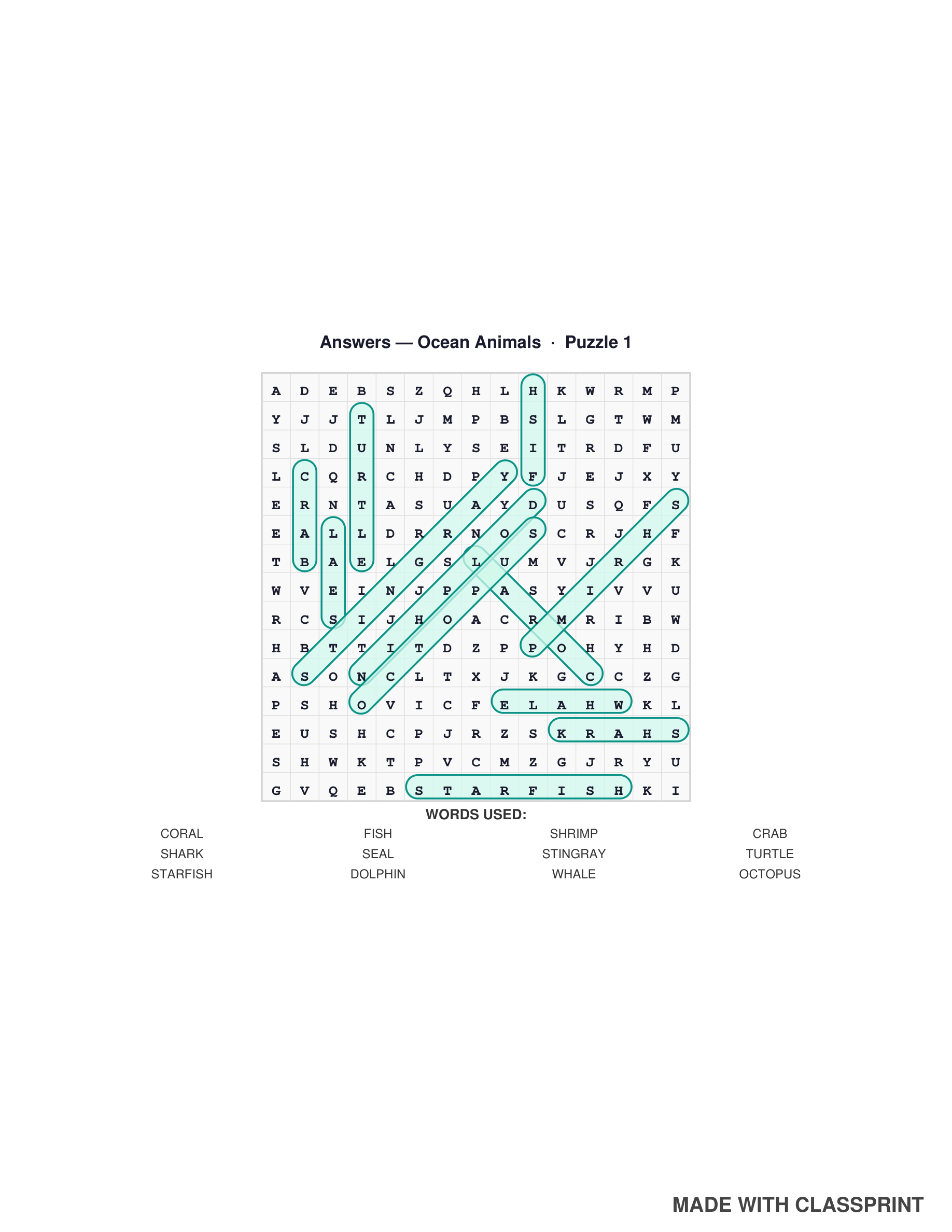 Custom AI Word Search answer key page showing every word highlighted in the grid, included free with every puzzle