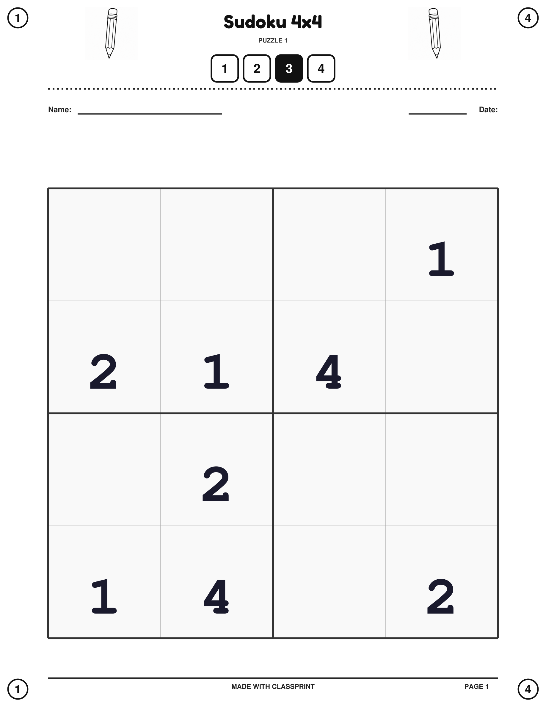 Free printable 4x4 sudoku puzzle with answer key, generated by ClassPrint's 4x4 and 6x6 sudoku generator