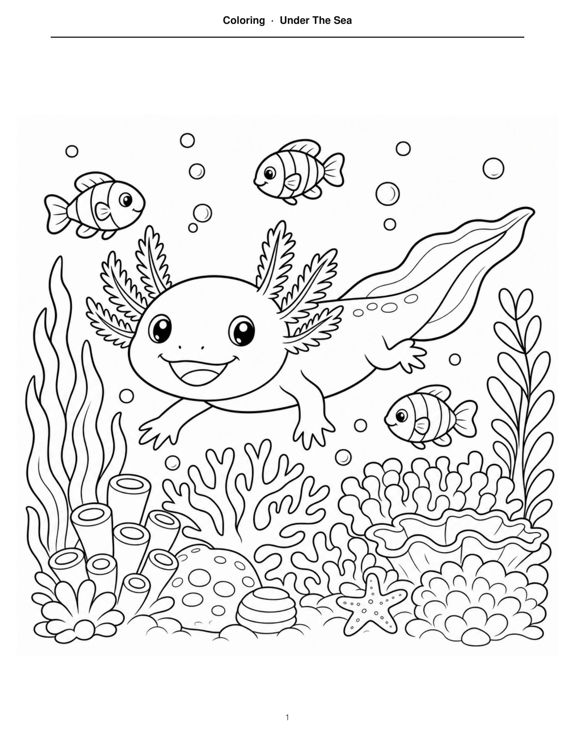 Free printable AI-generated Under The Sea coloring page, created by ClassPrint's AI coloring page generator