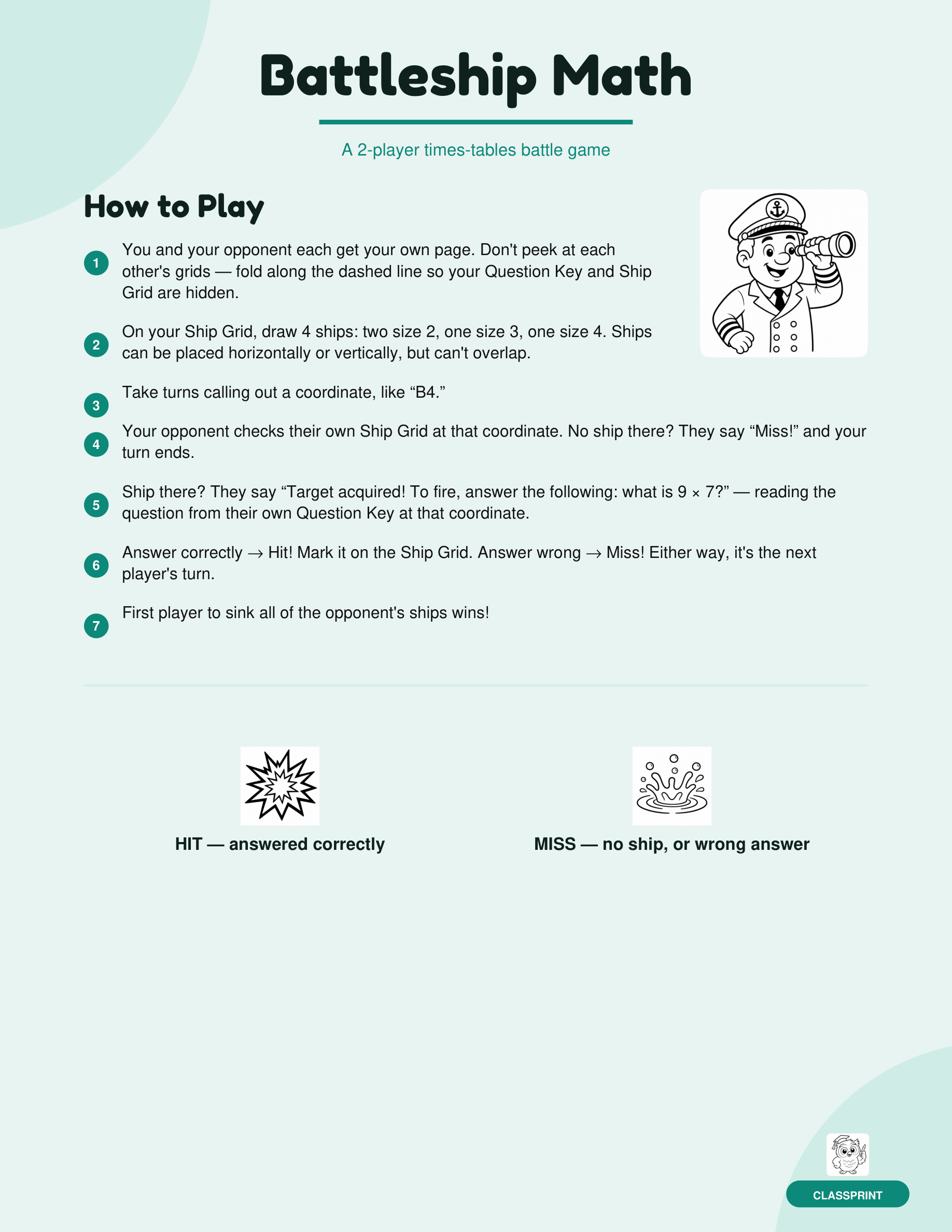 Free printable Battleship Math game instructions page, generated by ClassPrint's Battleship Math generator