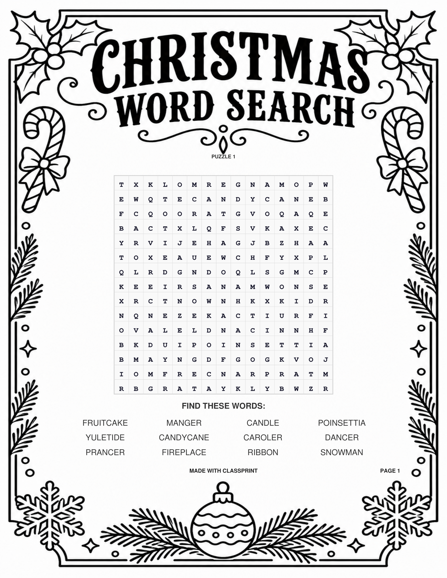 Free printable Christmas word search puzzle with illustrated border and answer key, generated by ClassPrint