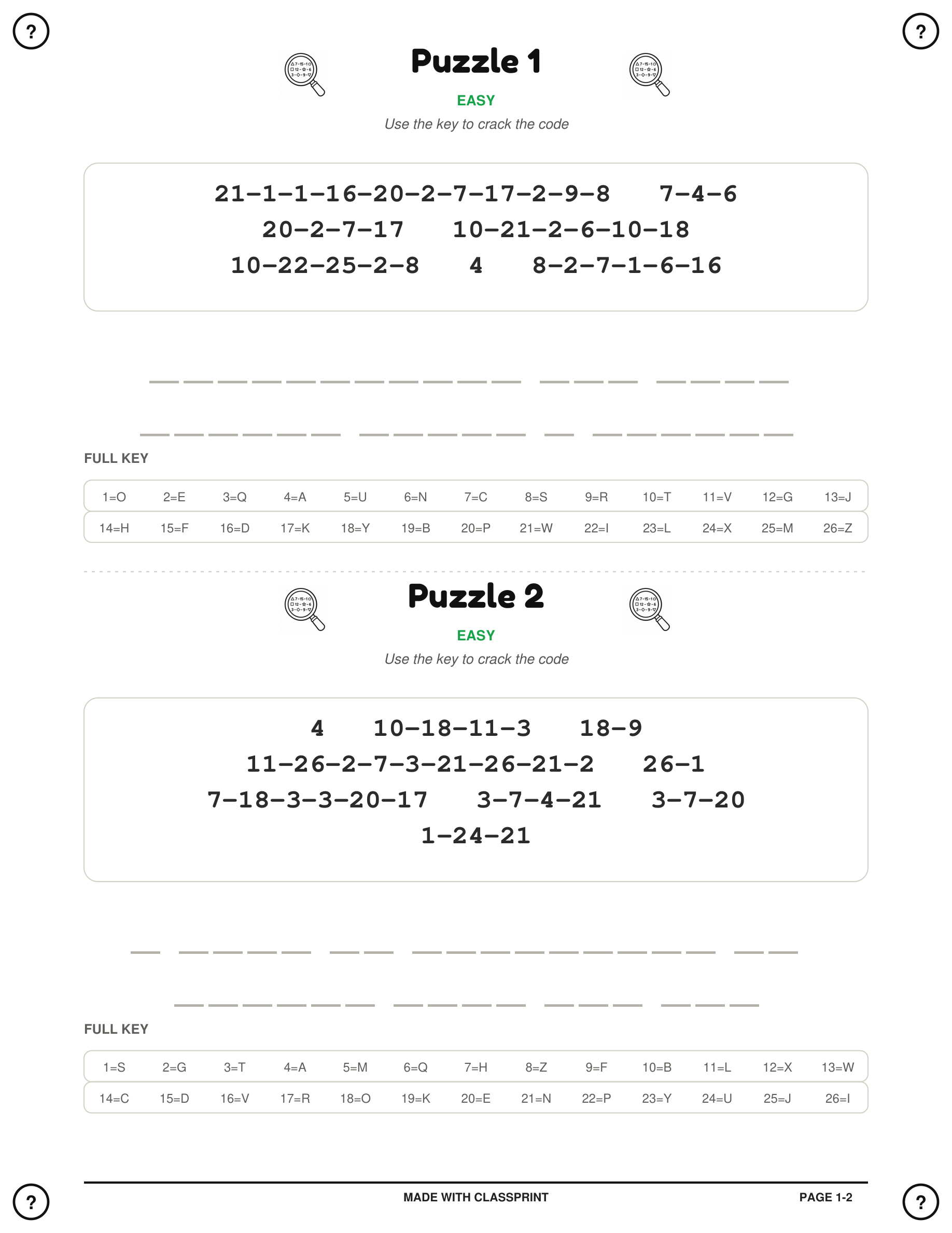 Free printable Easy cryptogram code breaker puzzle with answer key, generated by ClassPrint's code breaker generator