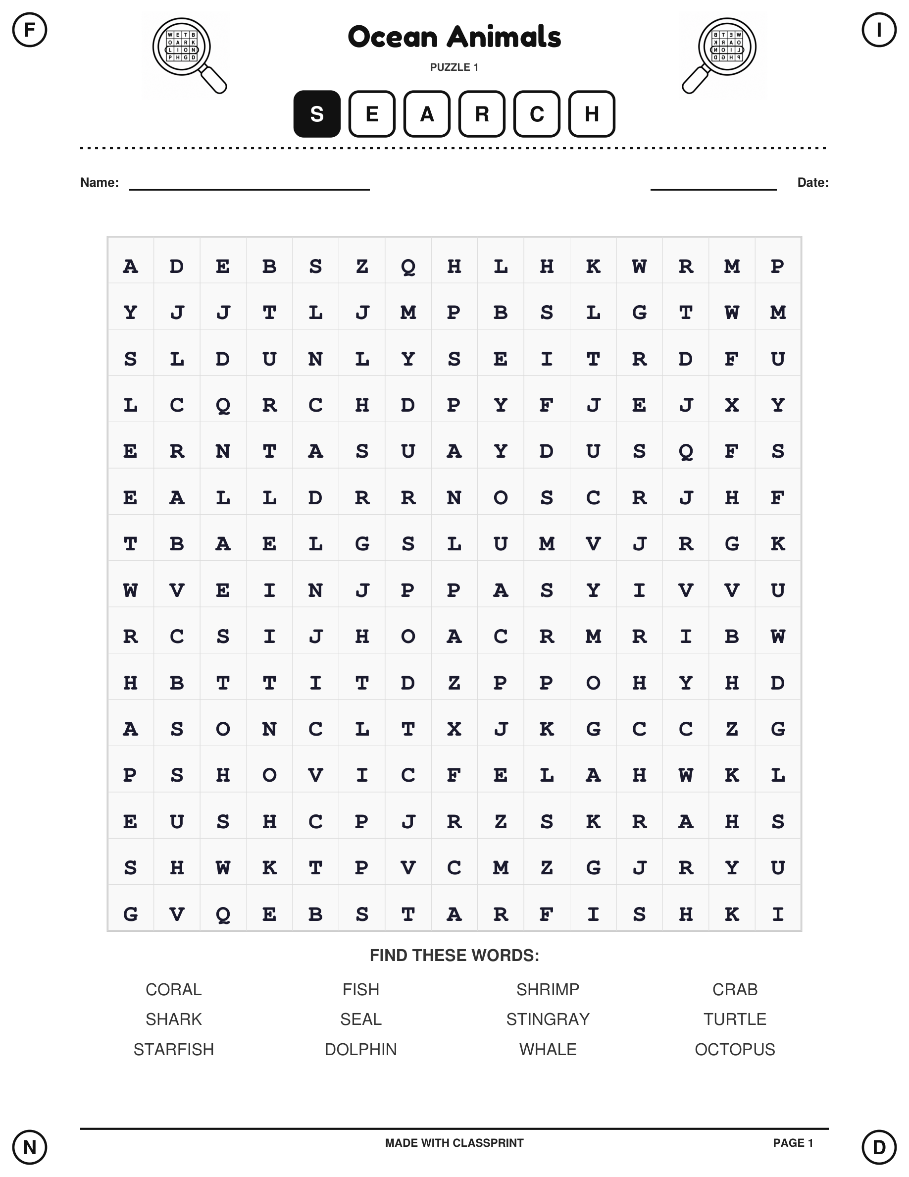 Free printable Ocean Animals word search puzzle generated instantly by ClassPrint's Custom AI Word Search generator, with answer key