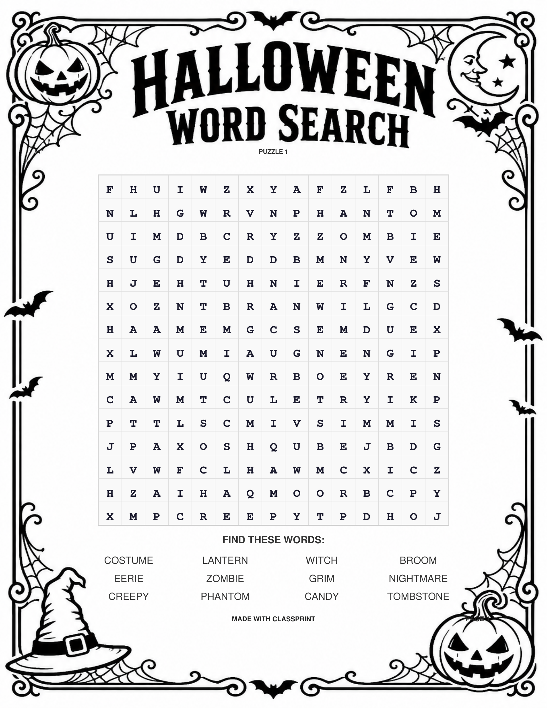 Free printable Halloween word search puzzle with illustrated border and answer key, generated by ClassPrint