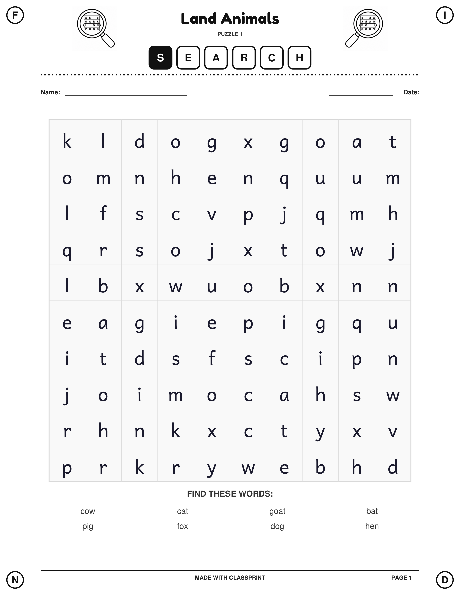 Free printable lowercase Land Animals word search puzzle for kindergarten with answer key, generated by ClassPrint's Kindergarten Word Search generator