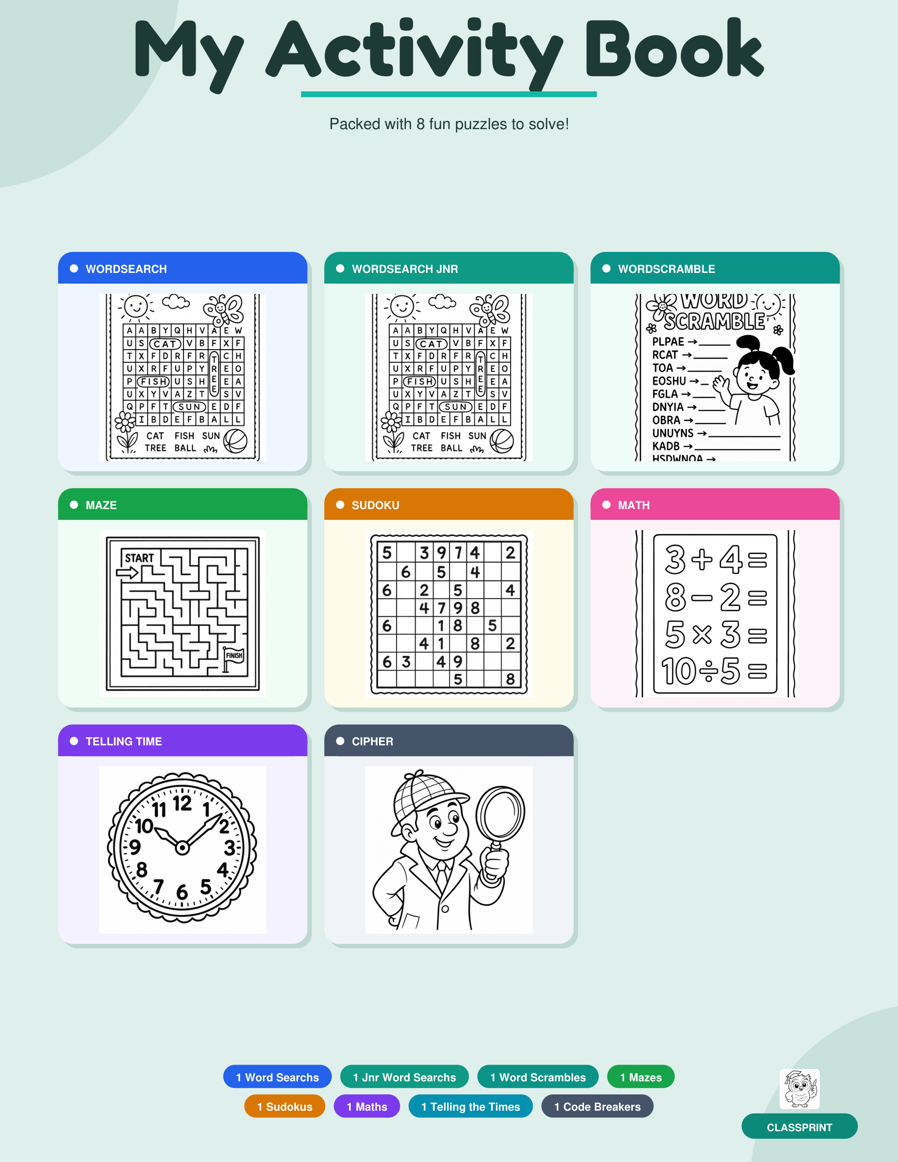 Free printable kids activity book cover page showing word search, sudoku, maze, math and other puzzles combined into one pack, generated by ClassPrint's activity book maker