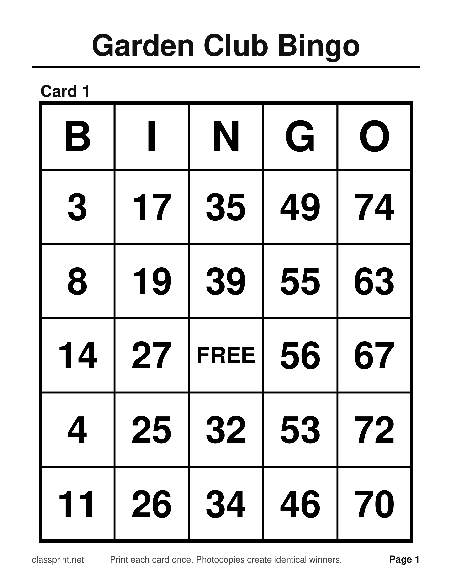 Large print bingo card with very large numbers and thick lines, one card per page