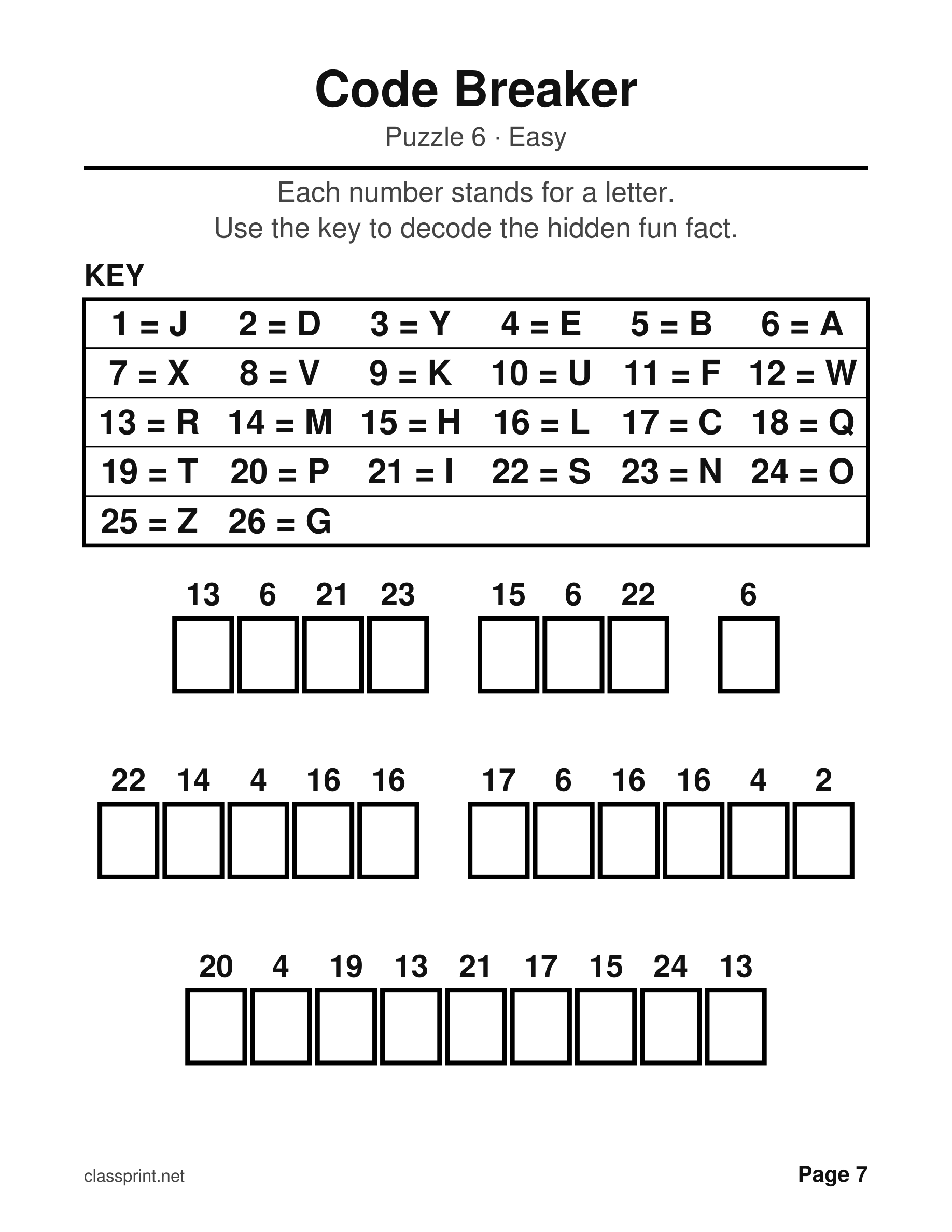 Free printable large print code breaker puzzle with a big number key and large letter boxes
