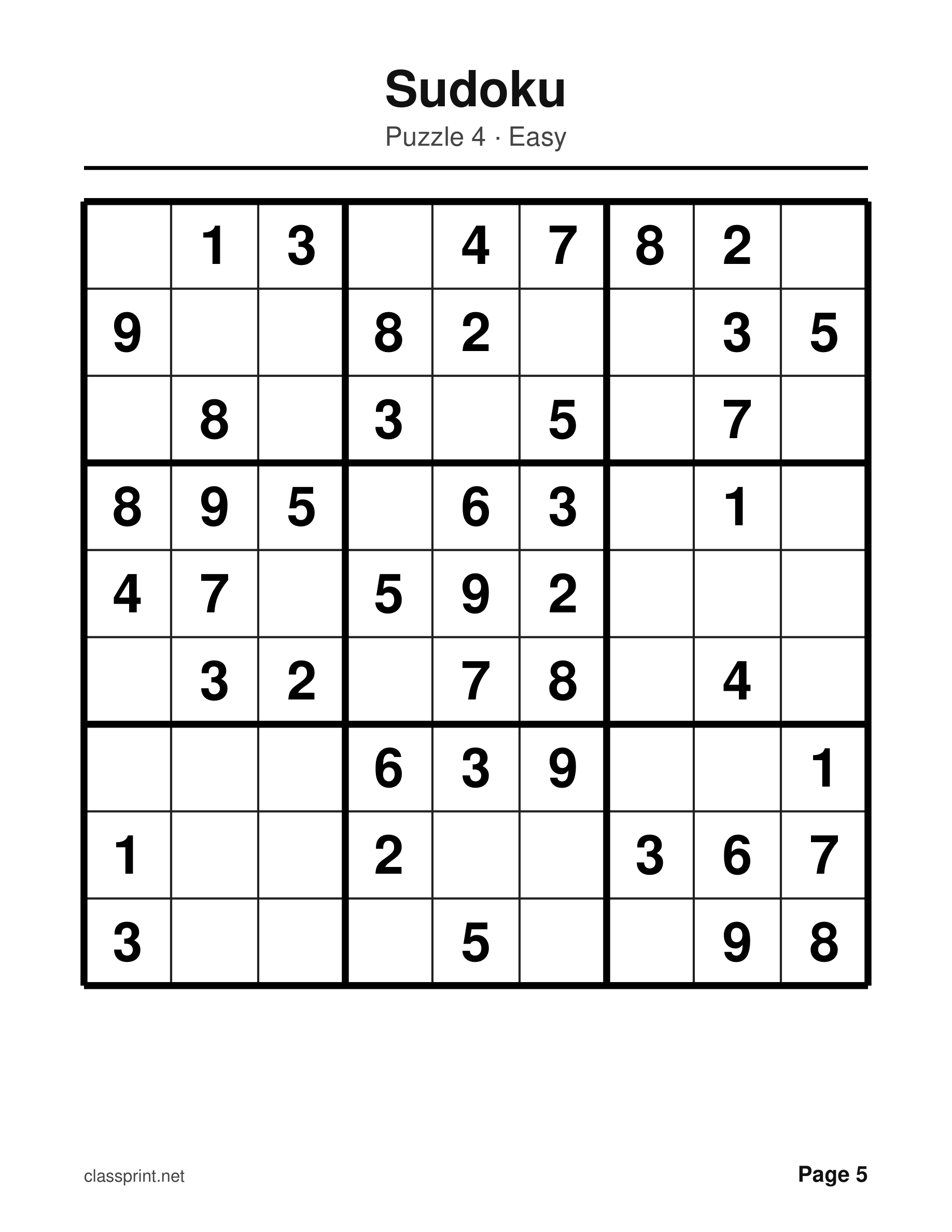 Free printable large print sudoku puzzle with very large numbers and bold box lines