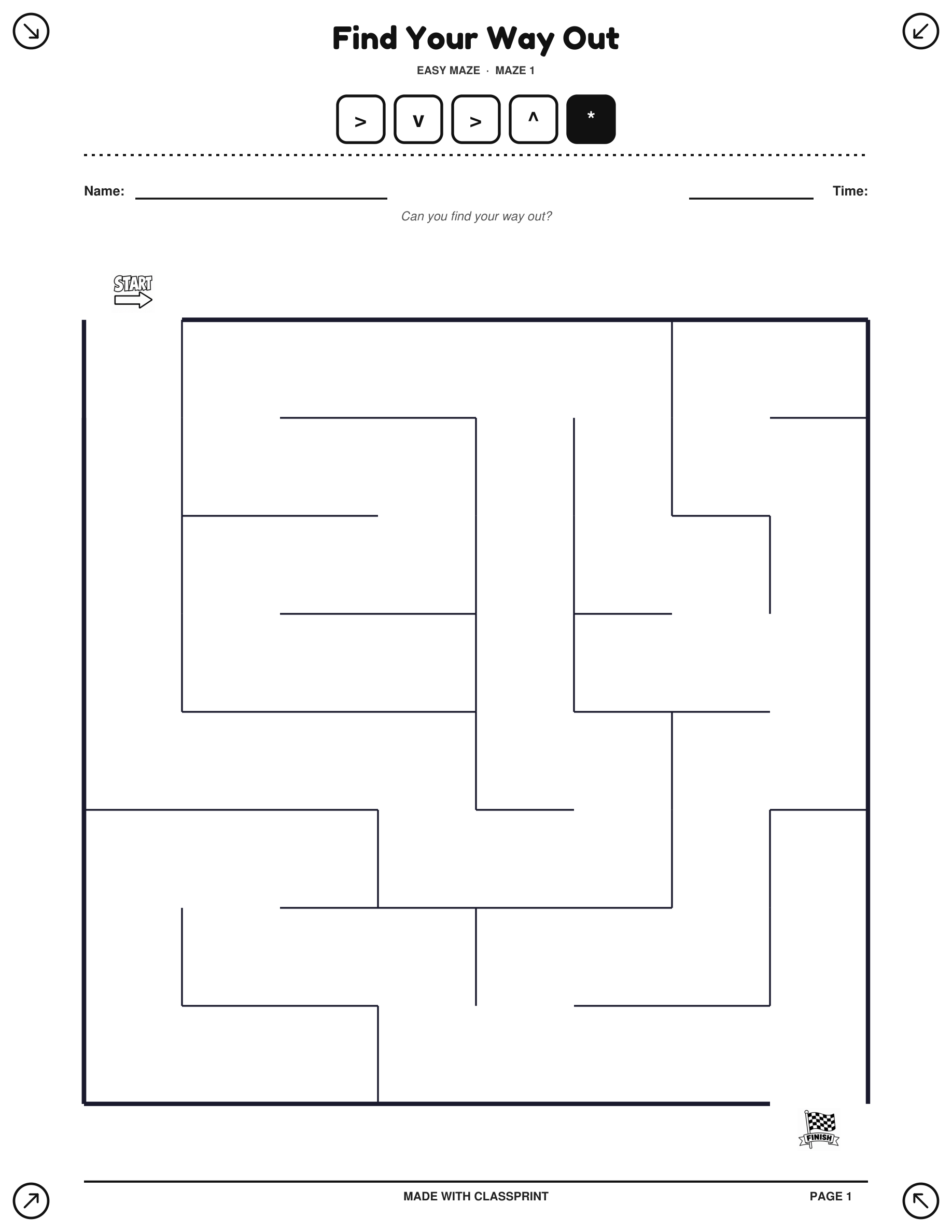 Free printable Easy maze puzzle with solved answer key, generated by ClassPrint's maze generator