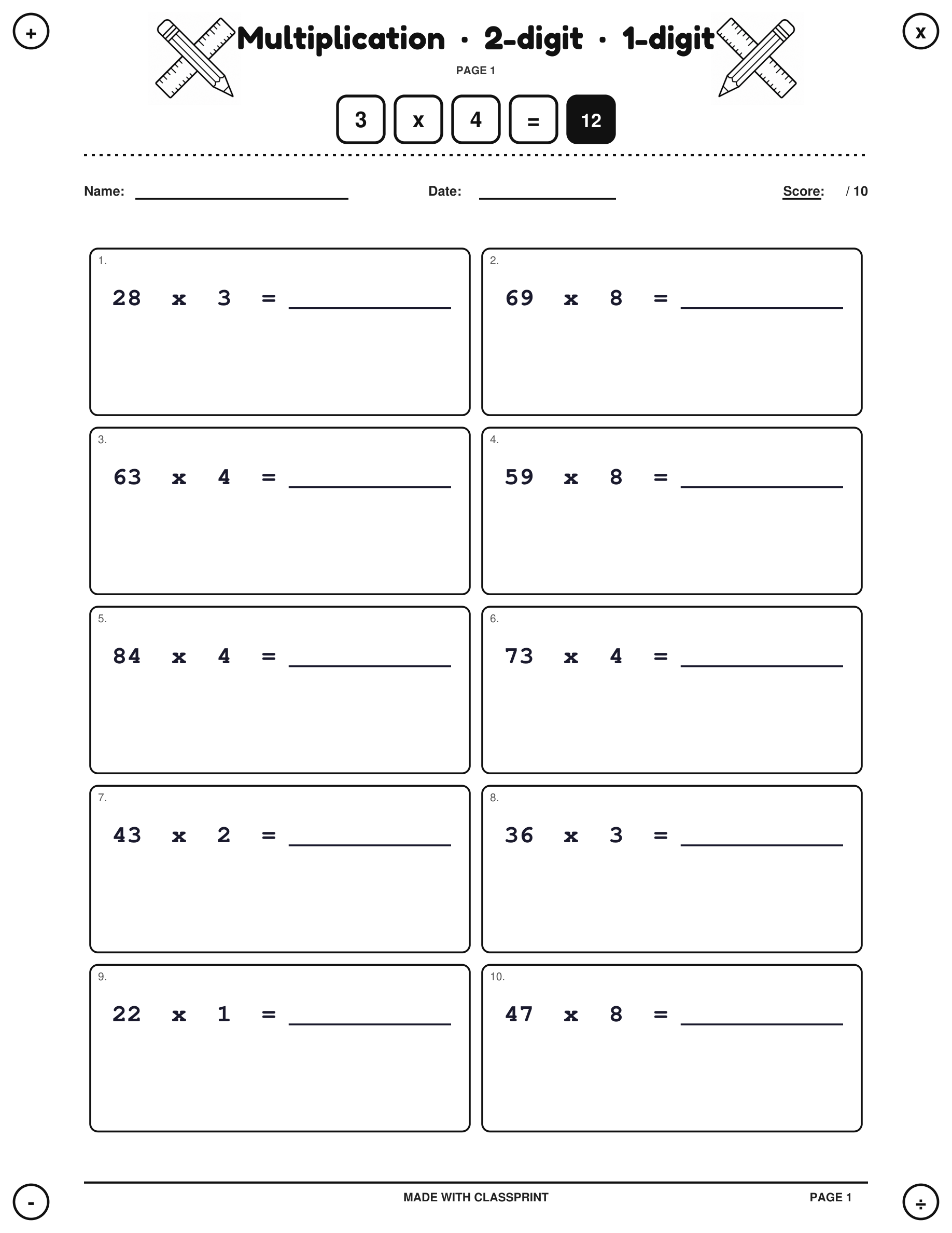 Free printable 2-digit by 1-digit multiplication worksheet with answer key, generated by ClassPrint's math worksheet generator