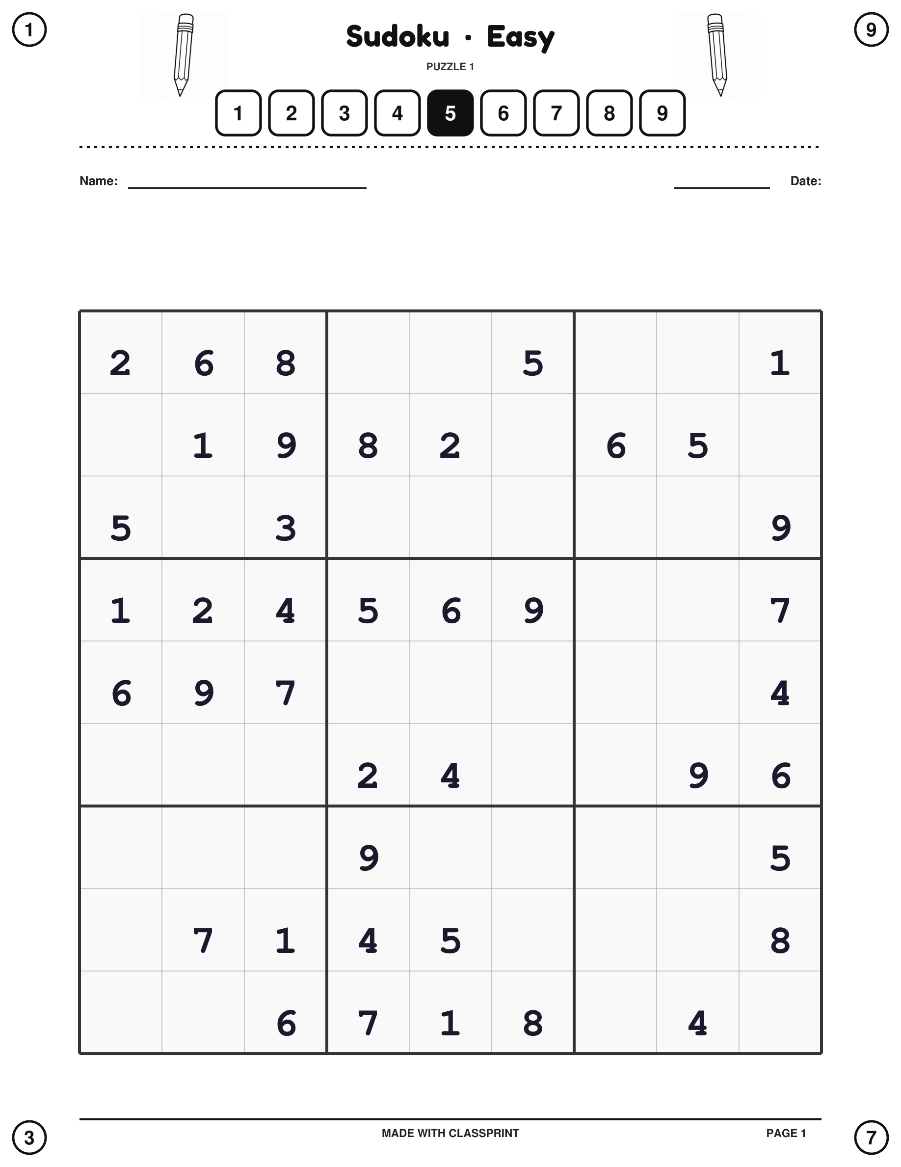 Free printable Easy sudoku puzzle with answer key, generated by ClassPrint's sudoku generator