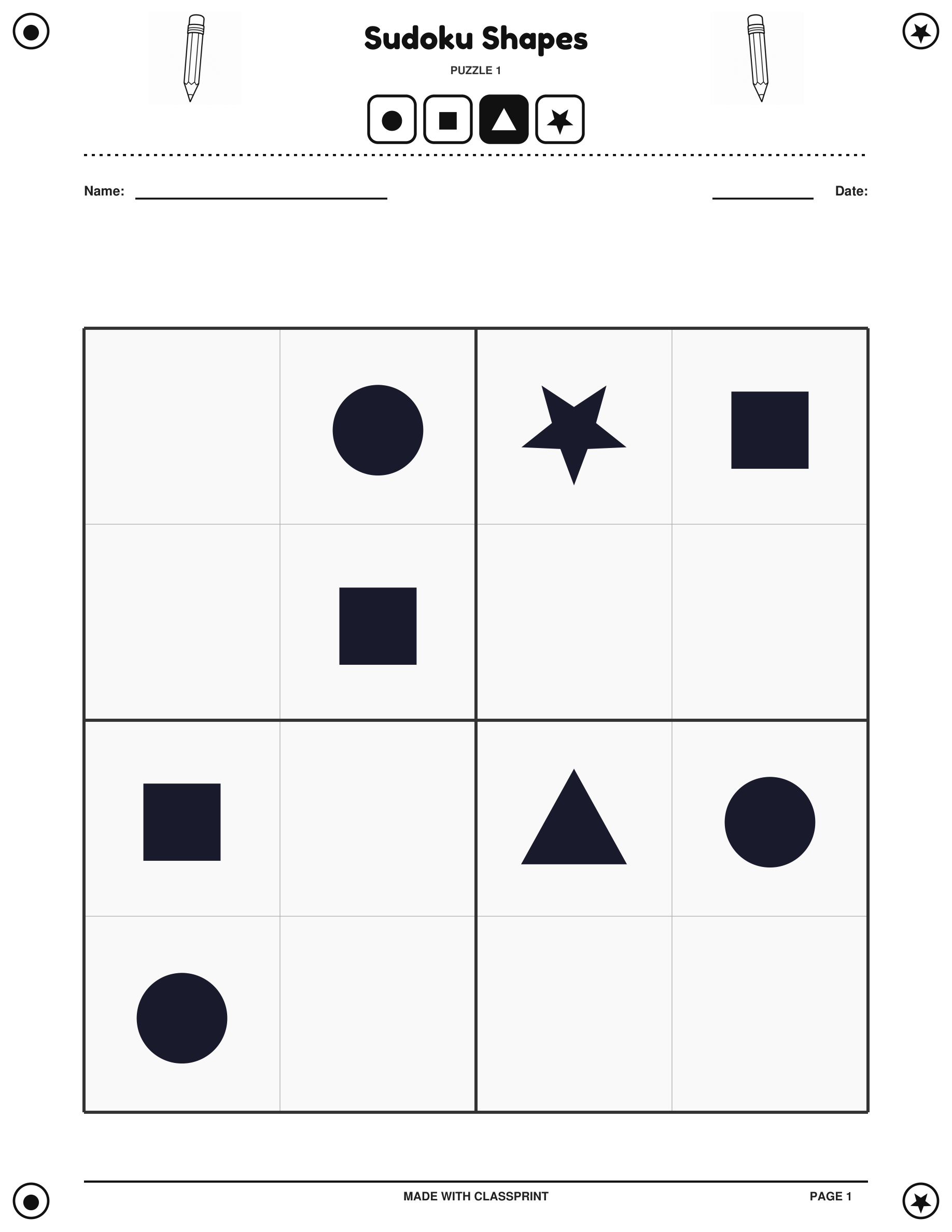 Free printable sudoku shapes puzzle using circle, square, triangle and star icons, with answer key, generated by ClassPrint