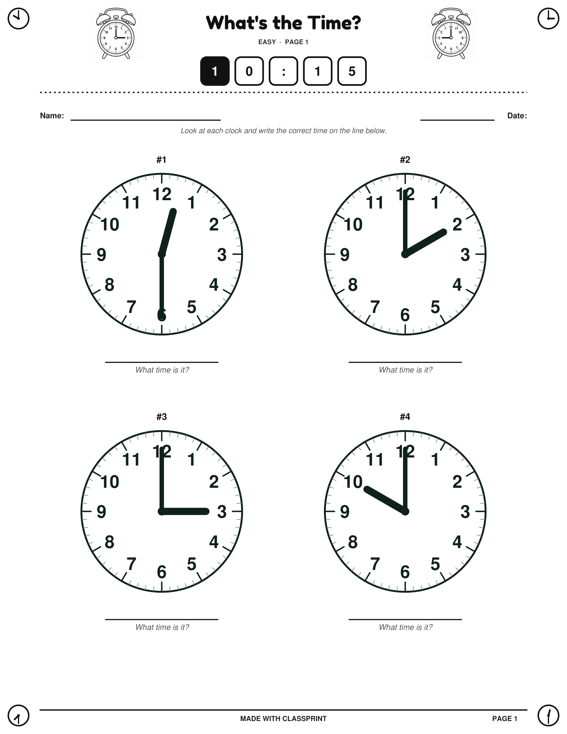 Free printable Easy telling time worksheet with answer key, generated by ClassPrint's telling time generator