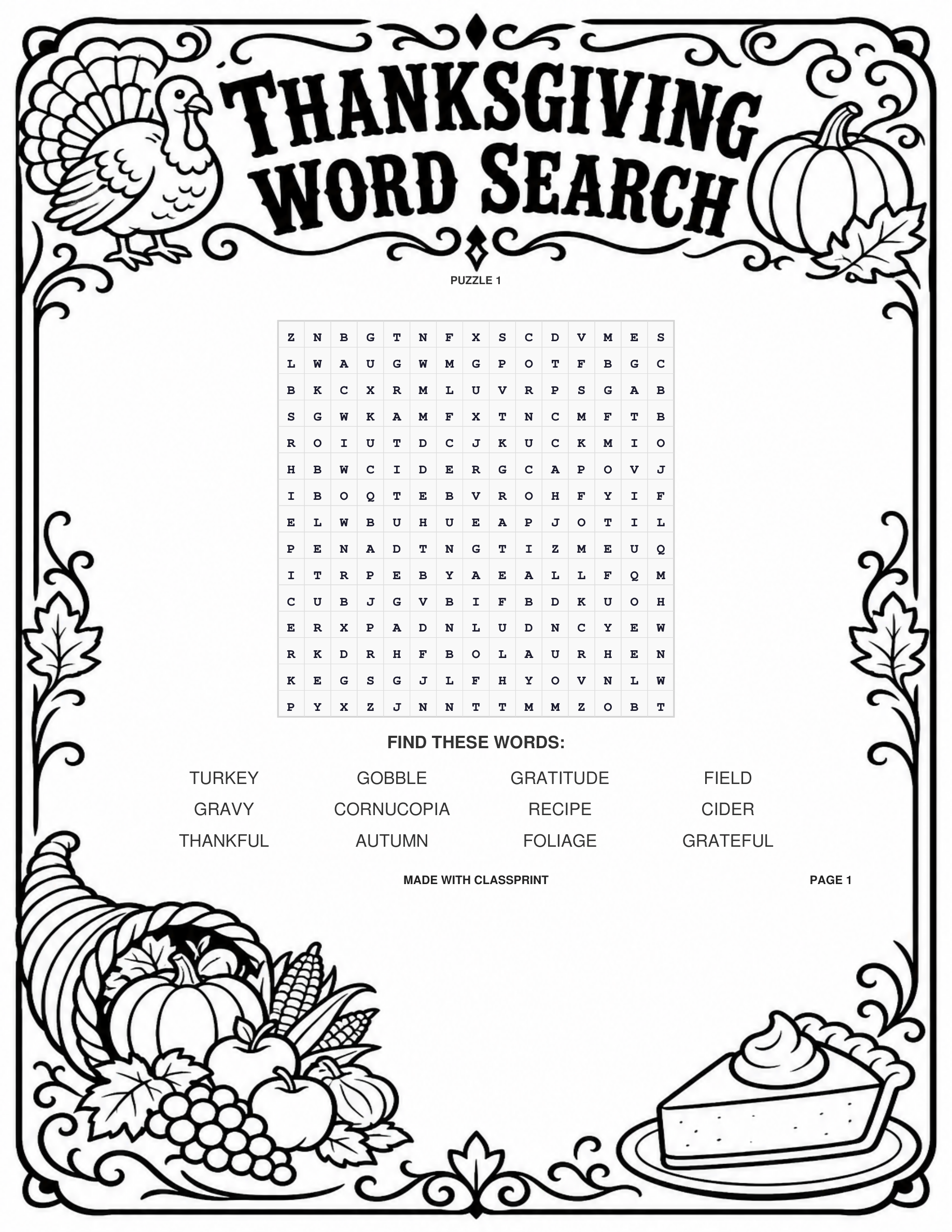 Free printable Thanksgiving word search puzzle with illustrated border and answer key, generated by ClassPrint