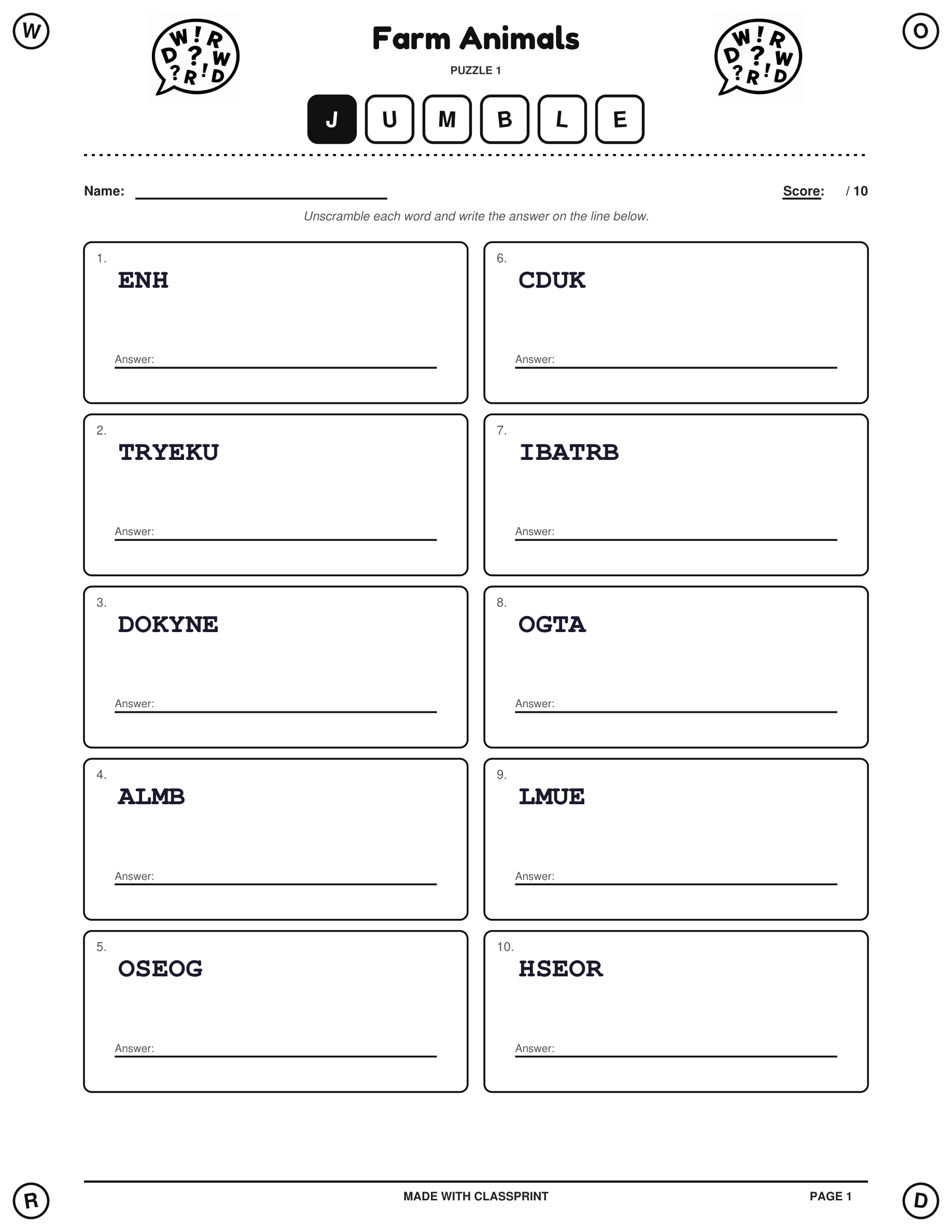 Free printable Farm Animals word scramble puzzle with answer key, generated by ClassPrint's word scramble generator