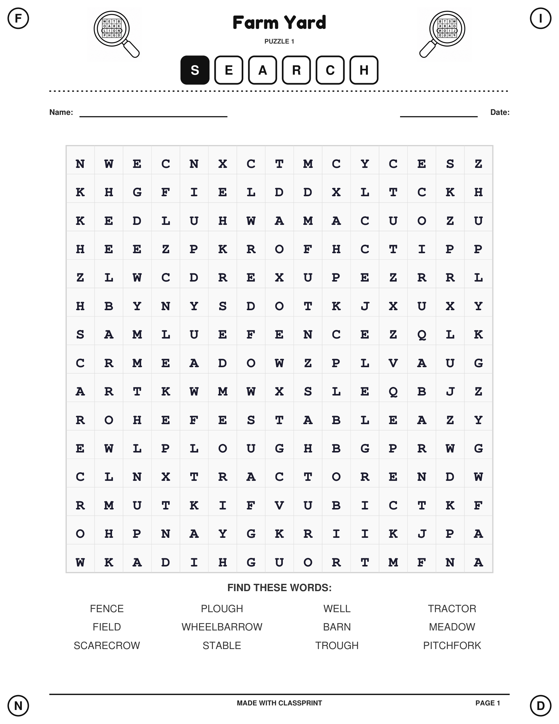 Free printable Farm Yard word search puzzle with answer key, generated by ClassPrint's word search generator