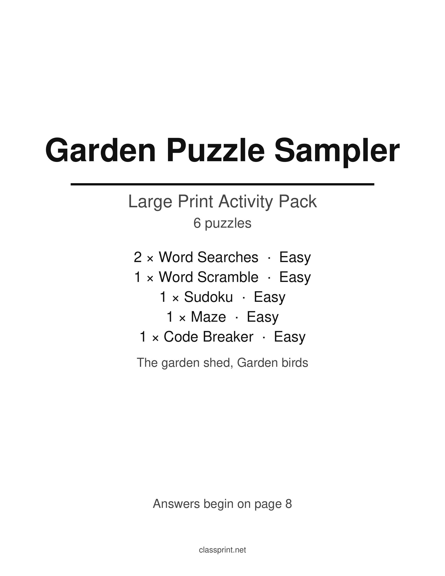 Cover page of a free printable large print activity pack with the puzzle contents listed