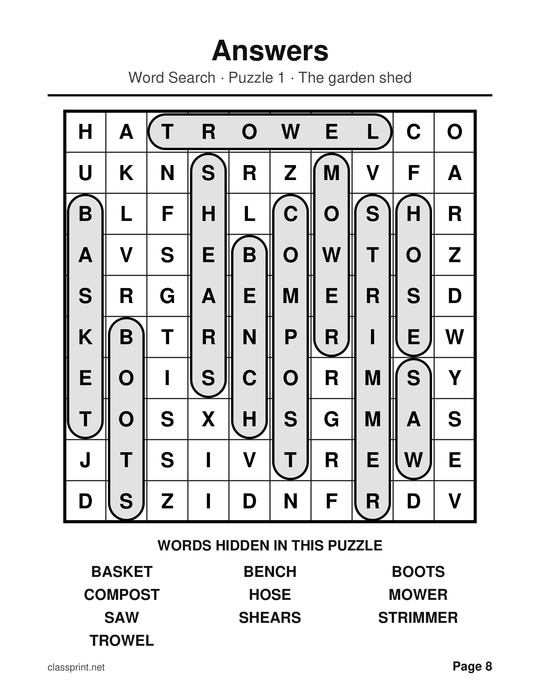 Large print word search answer key with every hidden word circled, included free with every ClassPrint large print pack