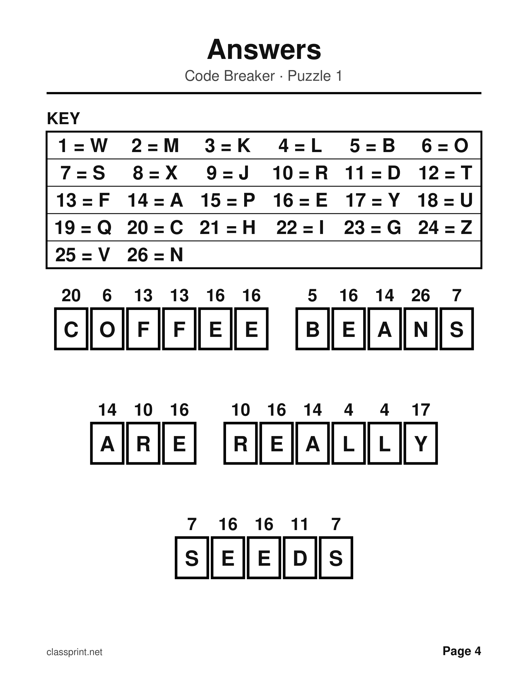 Large print code breaker answer page showing the decoded message in the letter boxes