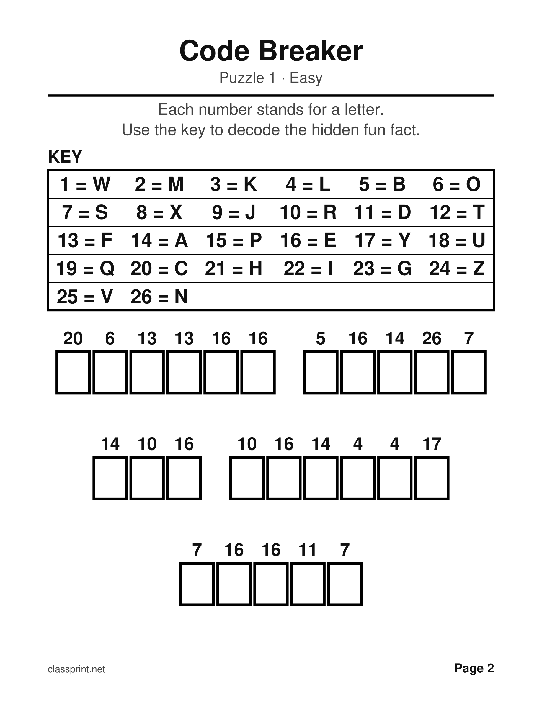 Free printable large print code breaker puzzle with a big number key and large letter boxes
