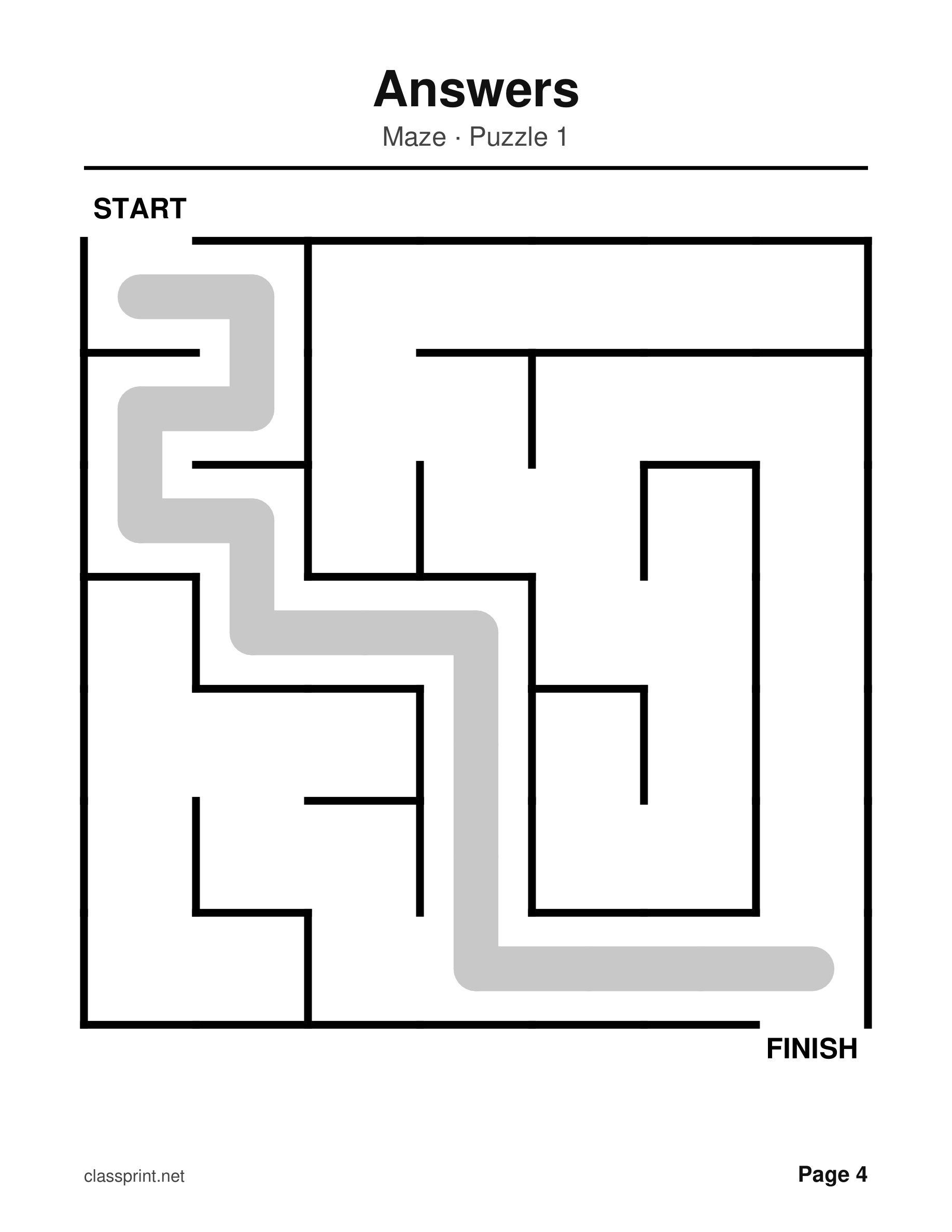 Large print maze solution with the route from start to finish marked