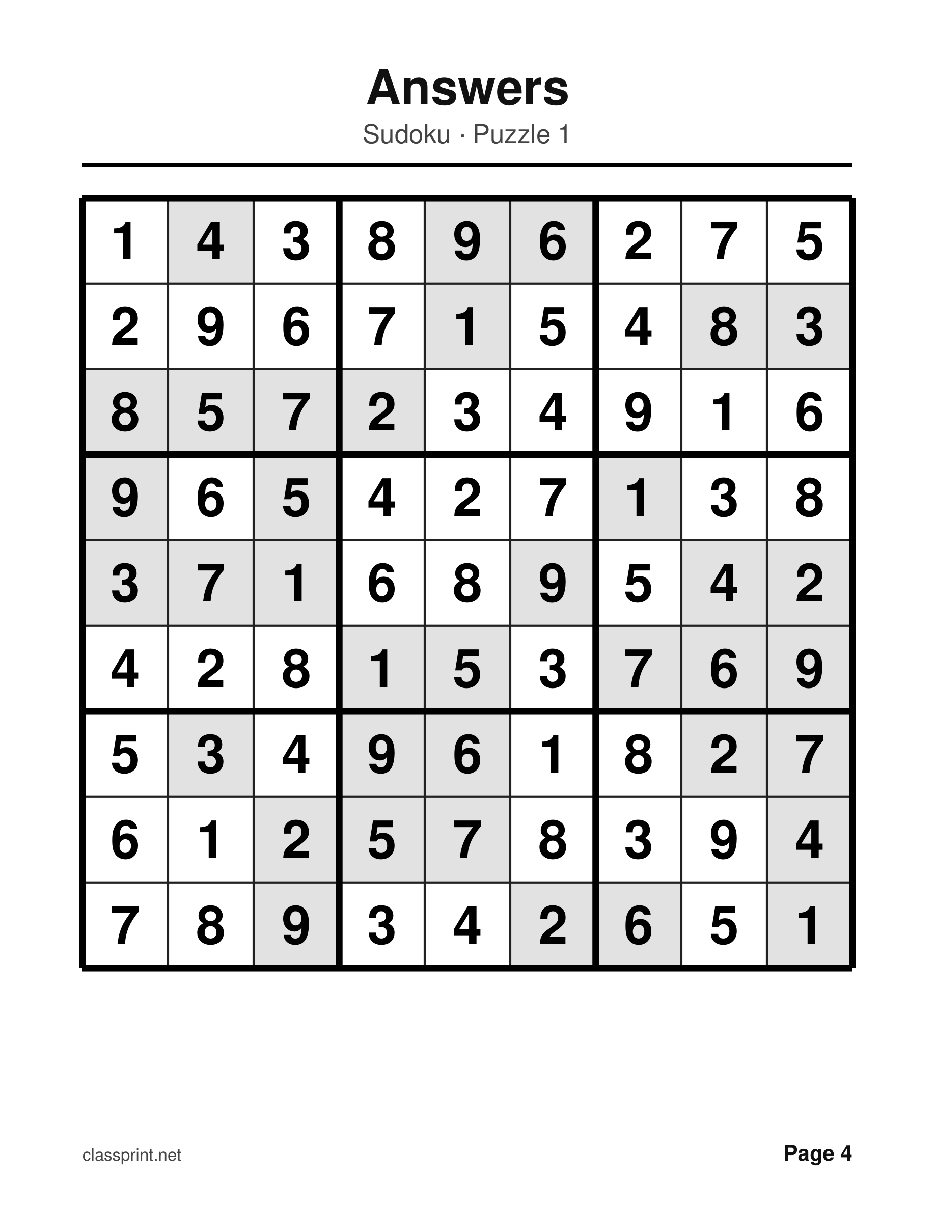 Large print sudoku answer key with the filled-in squares shaded