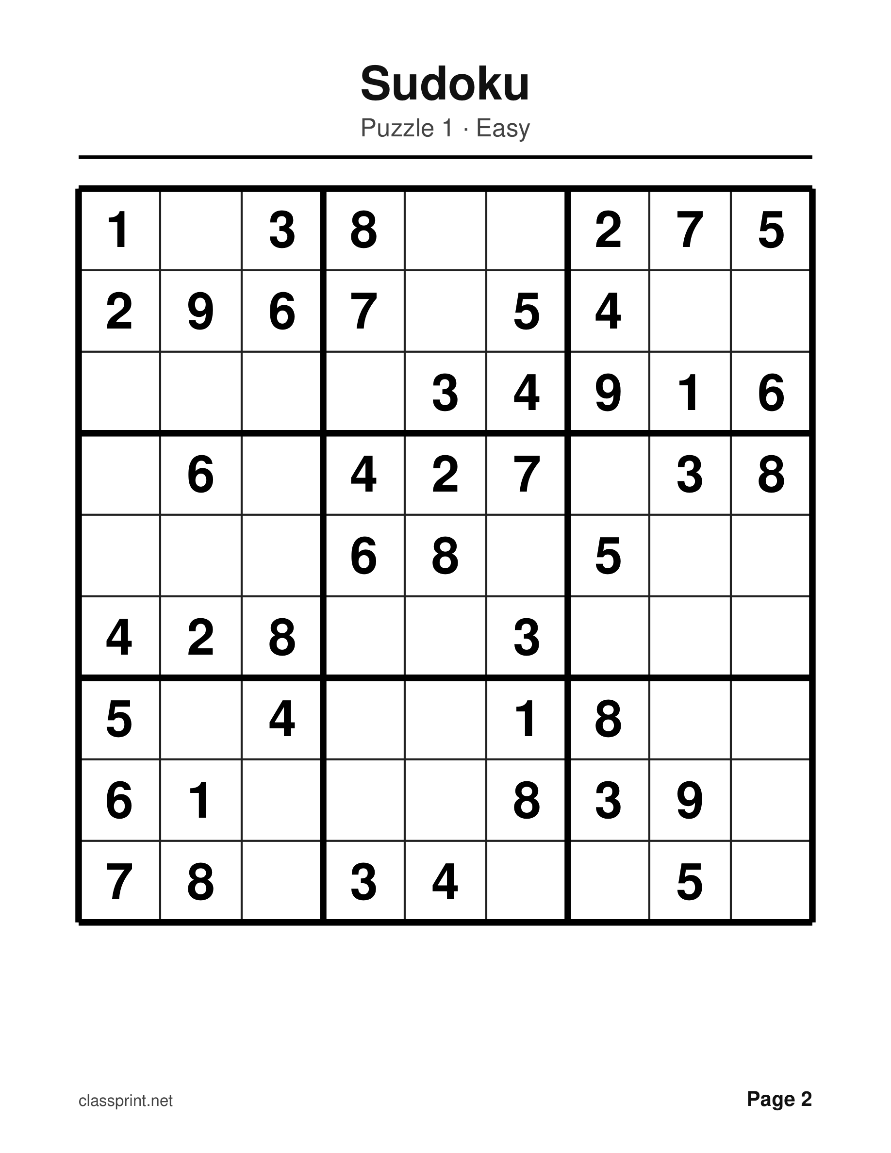 Free printable large print sudoku puzzle with very large numbers and bold box lines
