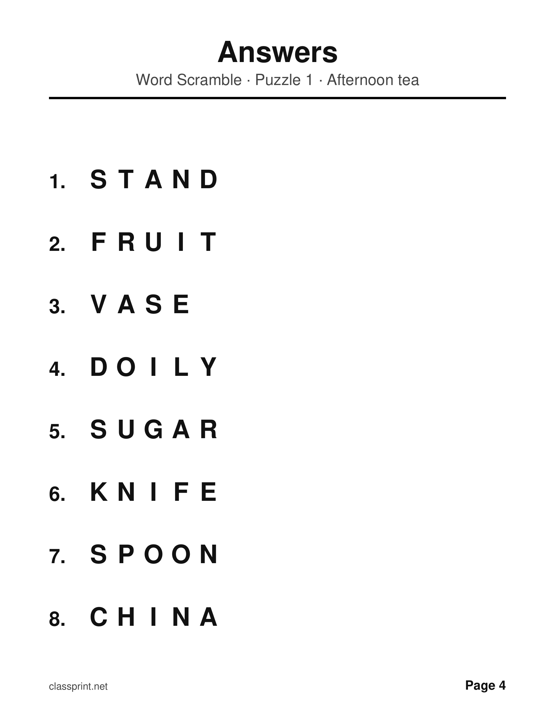 Large print word scramble answer page listing every unscrambled word