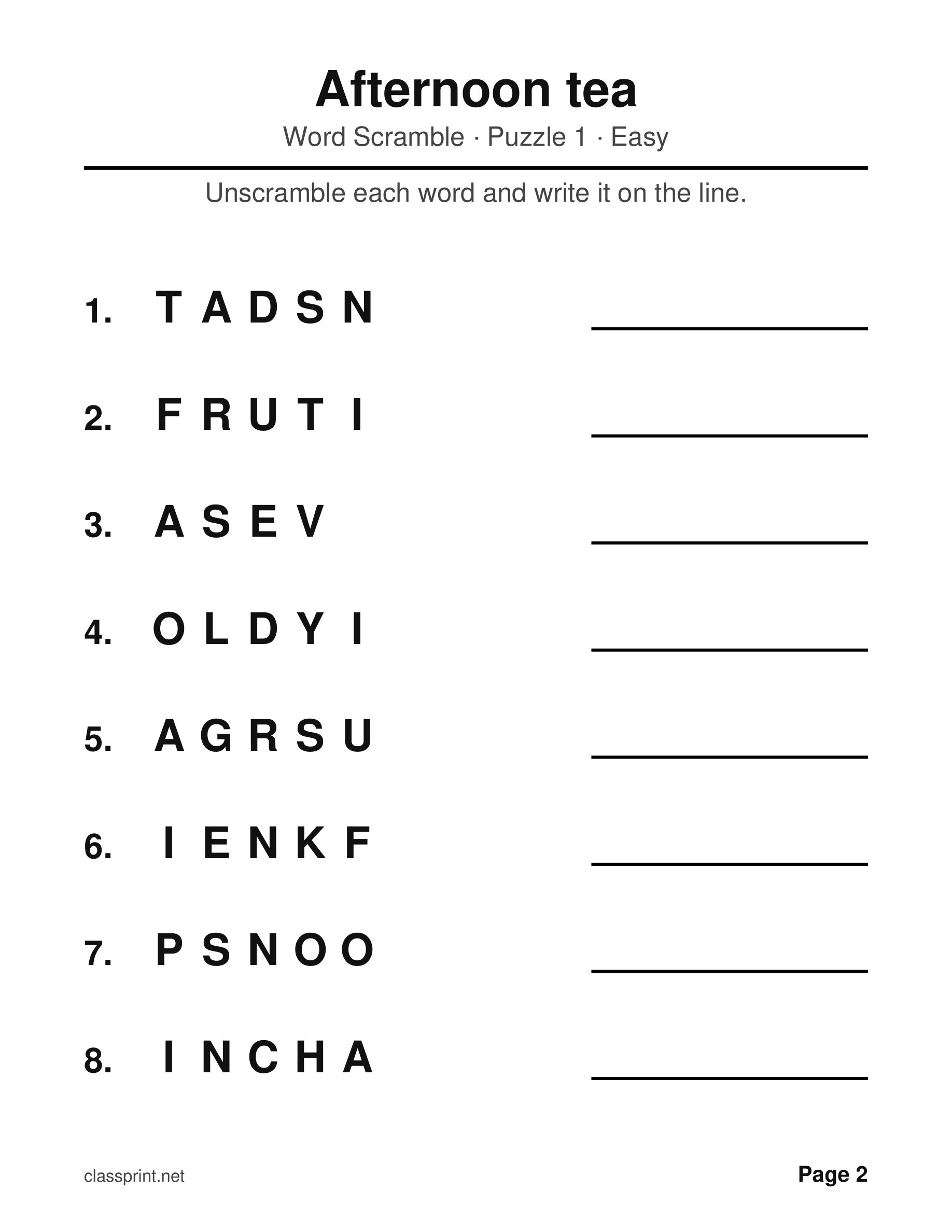 Free printable large print word scramble with big bold letters and a line to write each answer