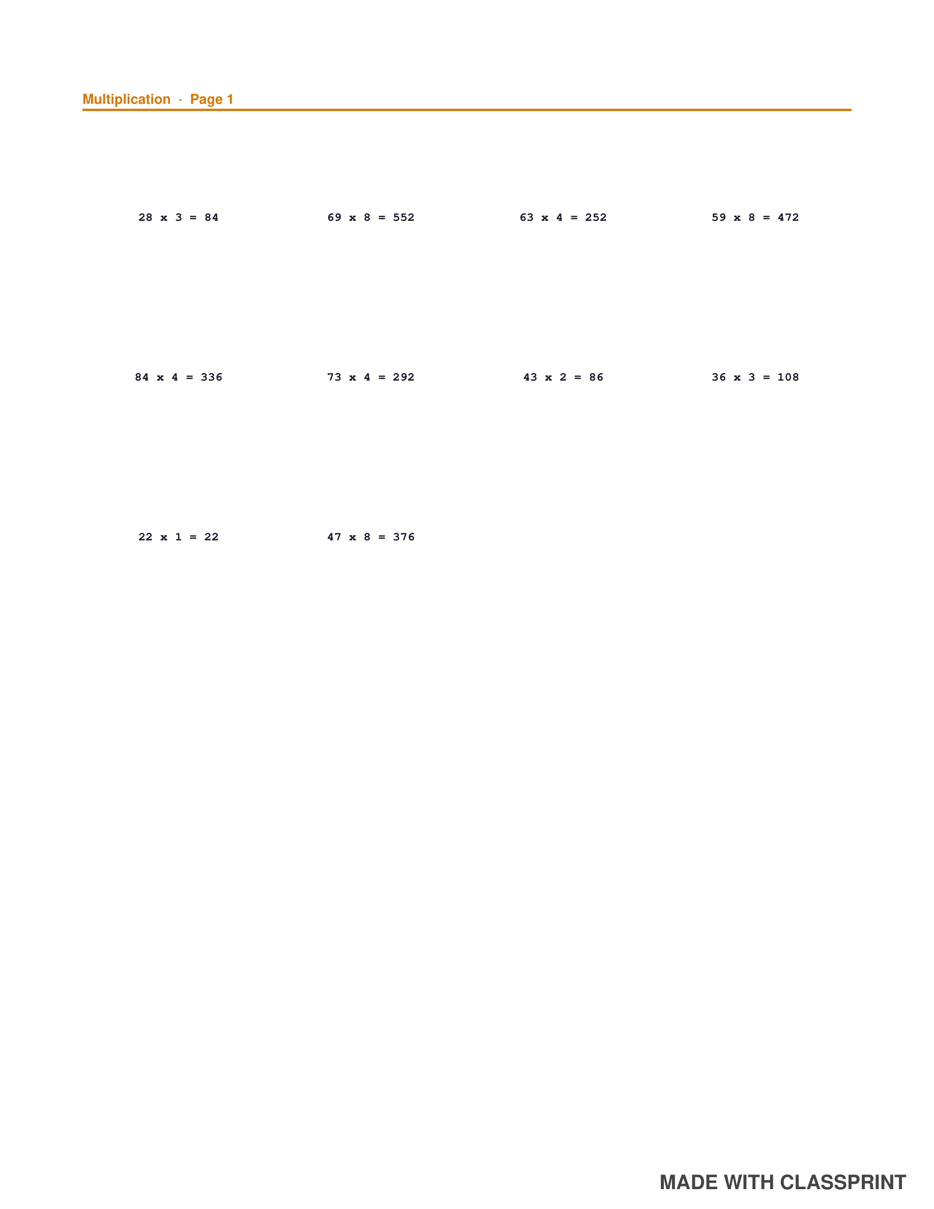 Math worksheet answer key page showing the correct answer for every problem, included free with every ClassPrint math workbook