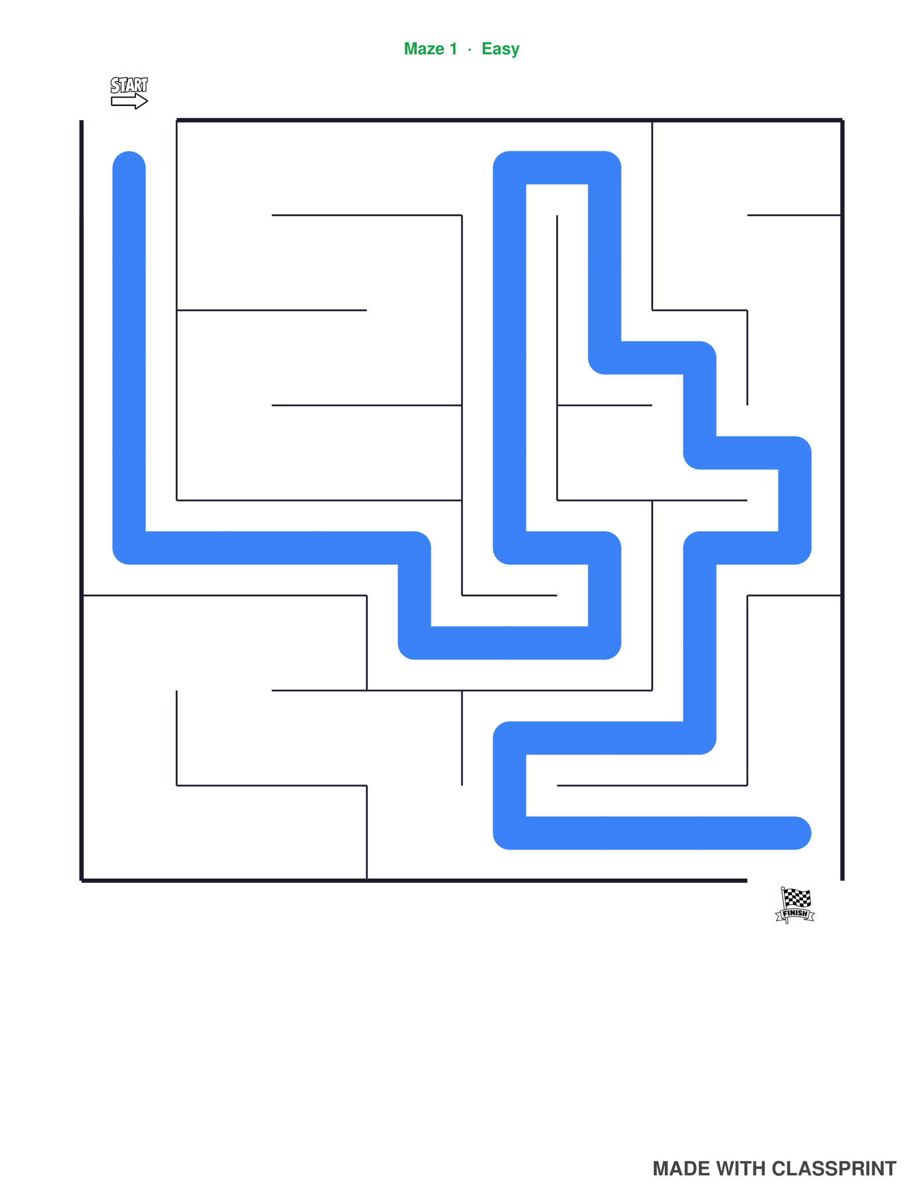 Maze answer key page showing the solved path through the maze, included free with every ClassPrint maze pack