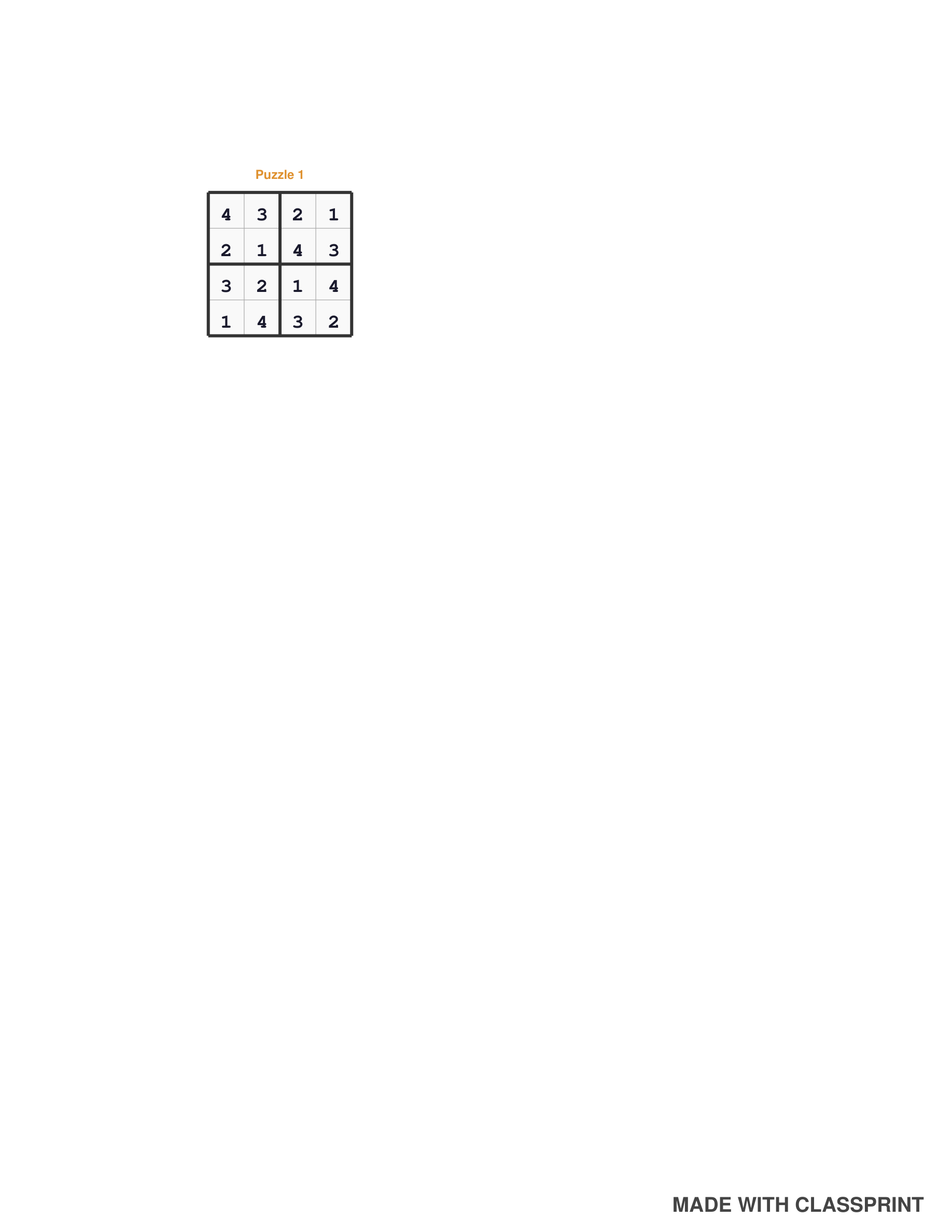4x4 sudoku answer key page with the fully solved grid, included free with every ClassPrint mini sudoku pack