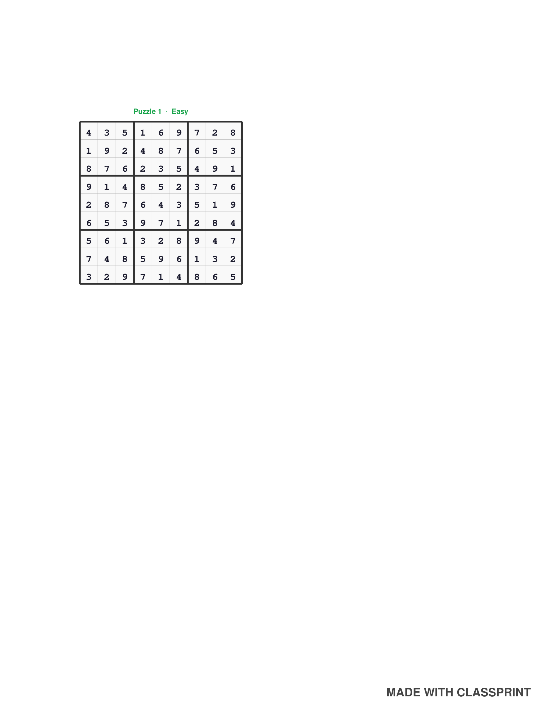 Sudoku answer key page with the fully solved grid, included free with every ClassPrint sudoku puzzle pack