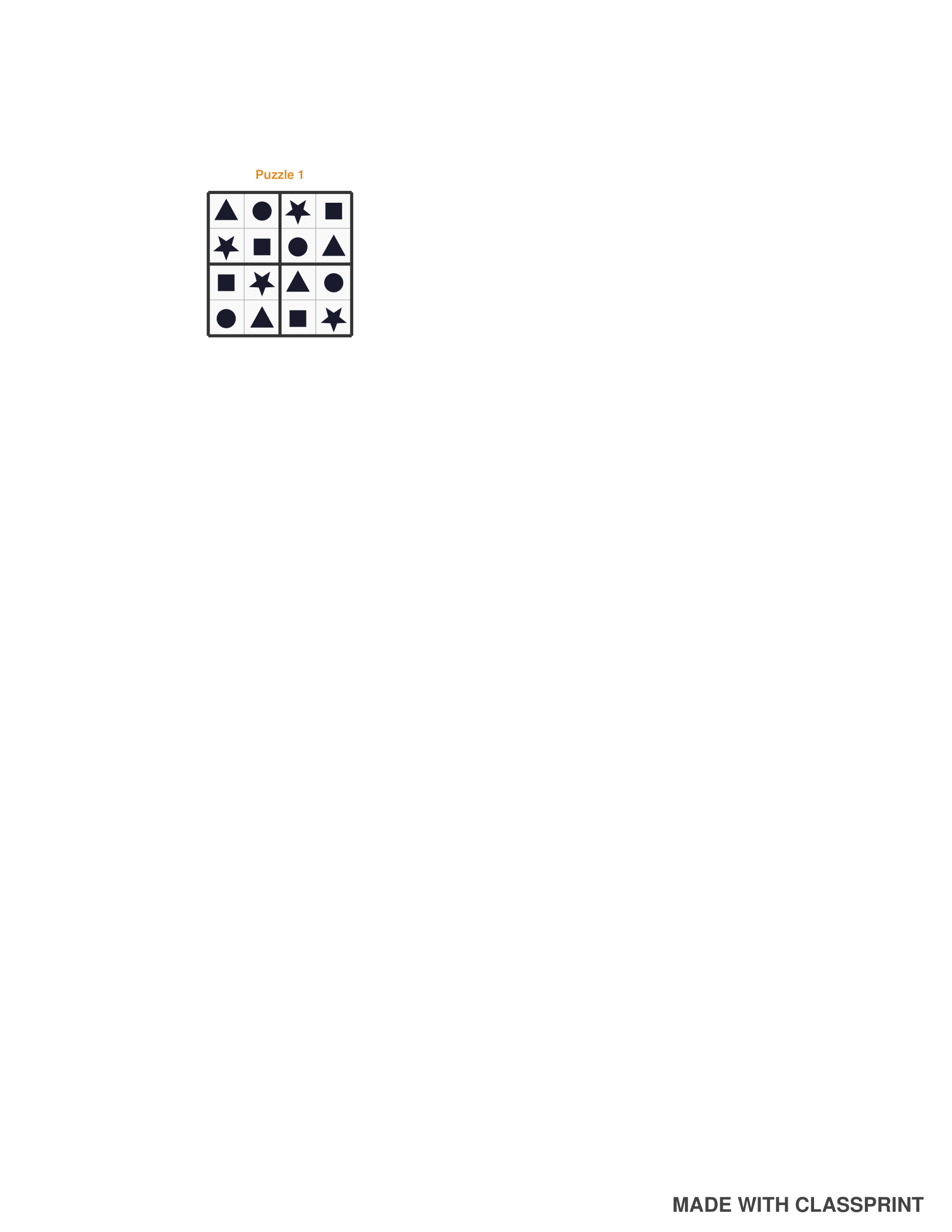 Sudoku shapes answer key page with the fully solved shape grid, included free with every ClassPrint sudoku shapes pack