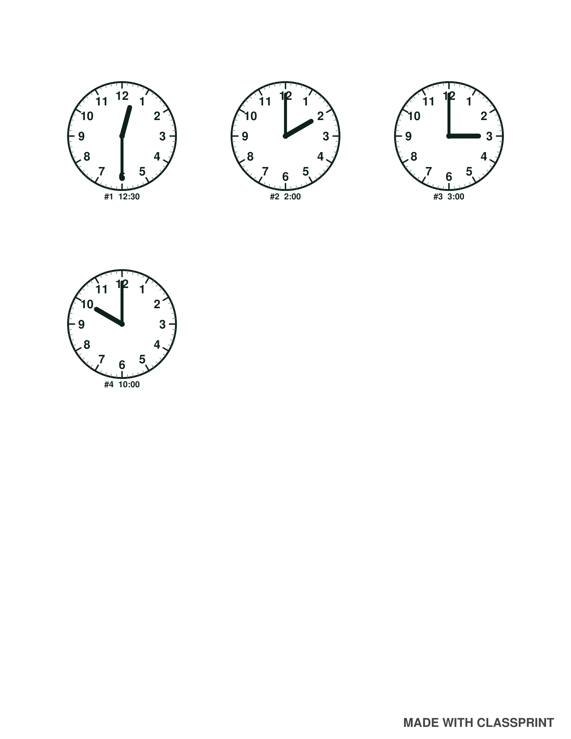 Telling time answer key page showing the correct time for each clock, included free with every ClassPrint telling time pack