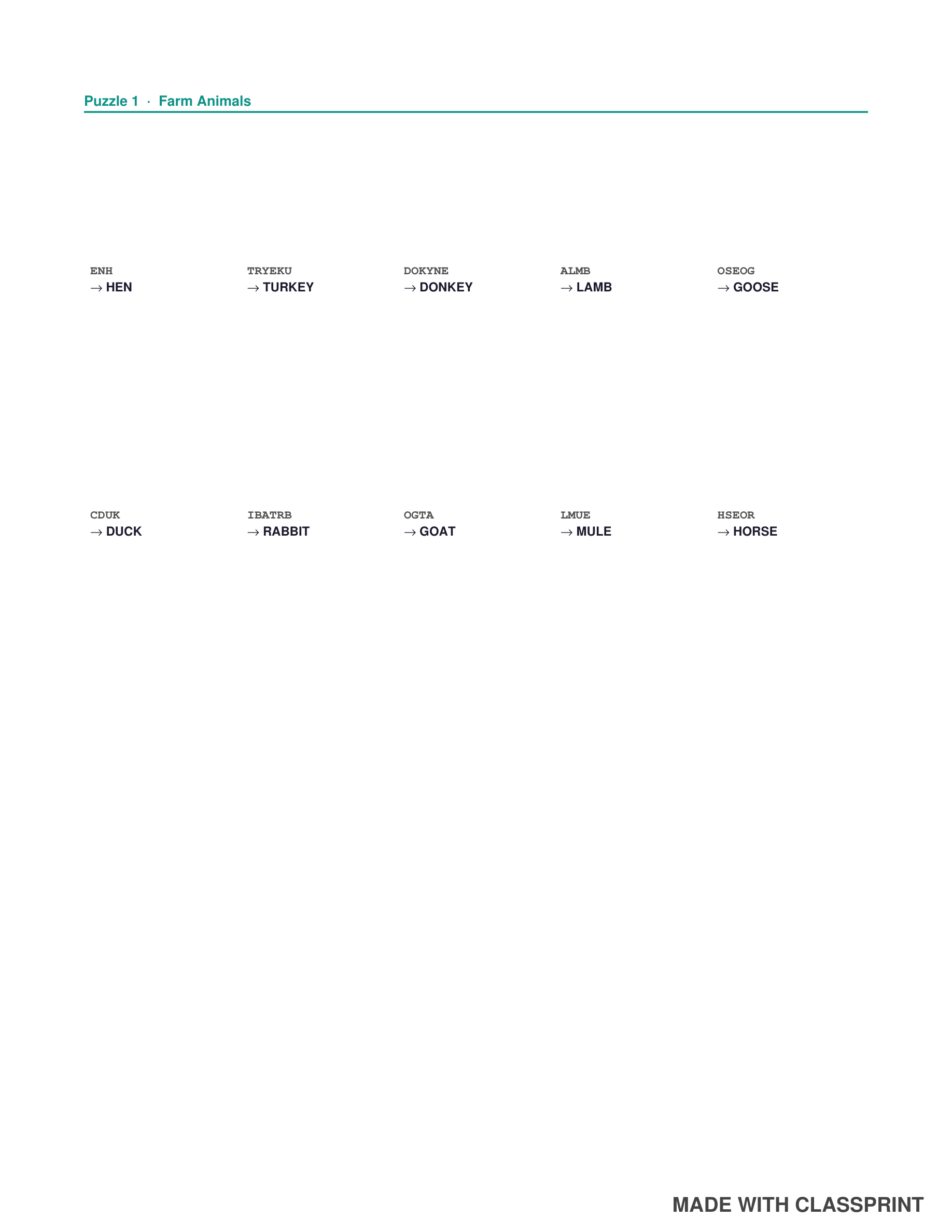 Word scramble answer key page showing each unscrambled word, included free with every ClassPrint word scramble pack