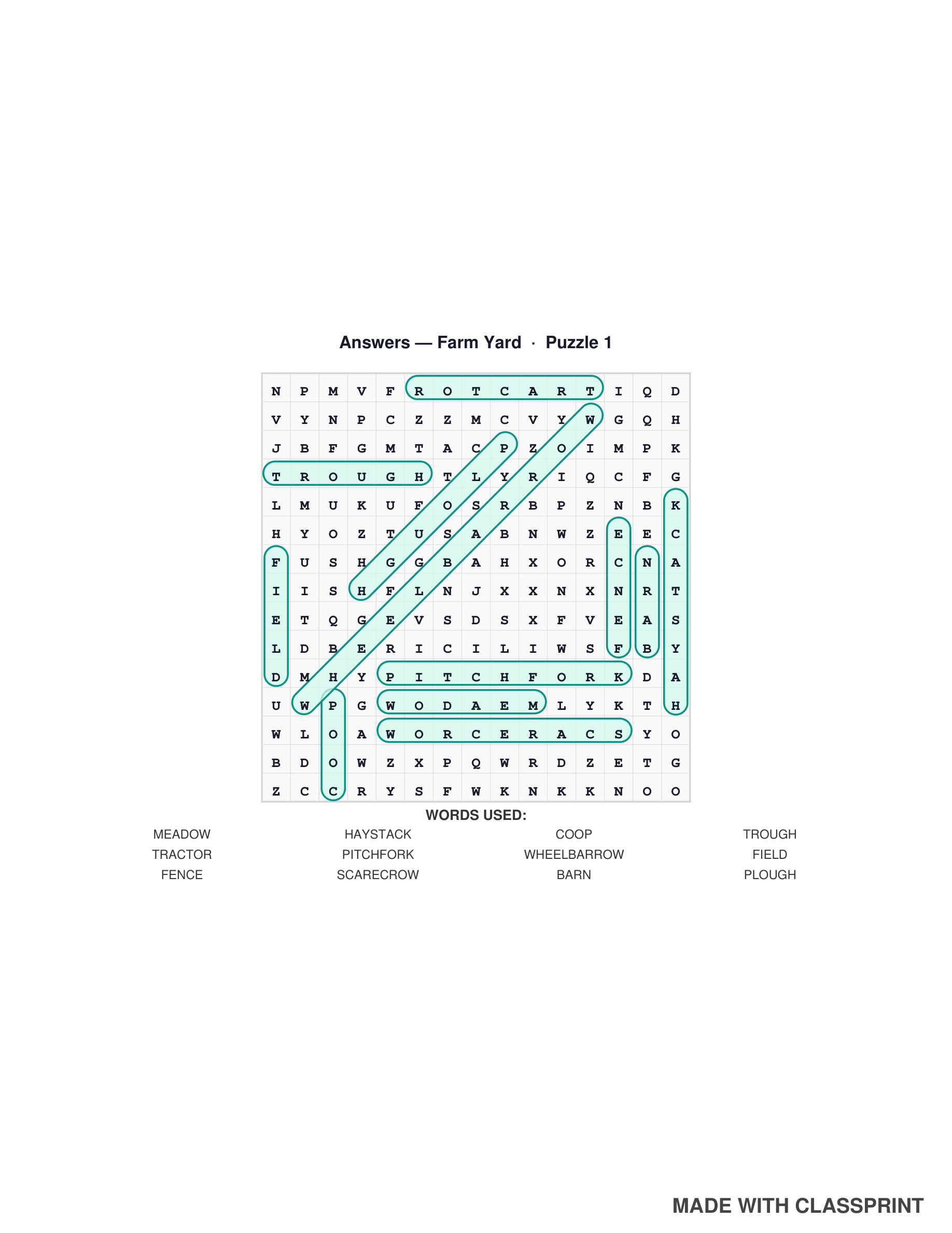Word search answer key page with all solved words highlighted, included free with every ClassPrint word search puzzle pack